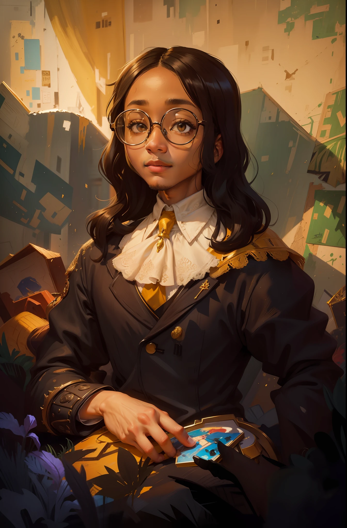 A black boy, round glasses, suit, painter, cap, painting, happy, perfect quality, clear focus (clutter - house: 0.8), (masterpiece: 1.2) (realistic: 1.2)(best quality) (detailed skin: 1.3) (intricate details) (8K) (detail eyes) (sharp focus), full body, character concept., yellow outfit, 2d, he is sitting, Monalisa pose, monalisa da vinci style, da vinci, monalisa