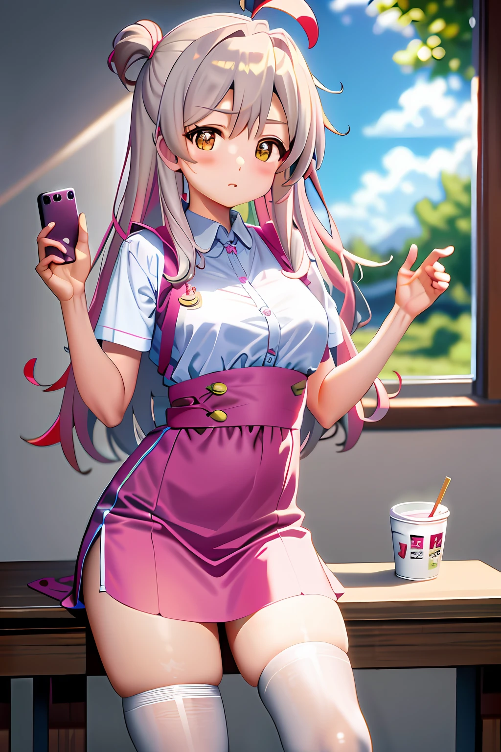 masterpiece, best quality, vr-hoshimi, solo, 1girl, sunshine, thighhighs, apron