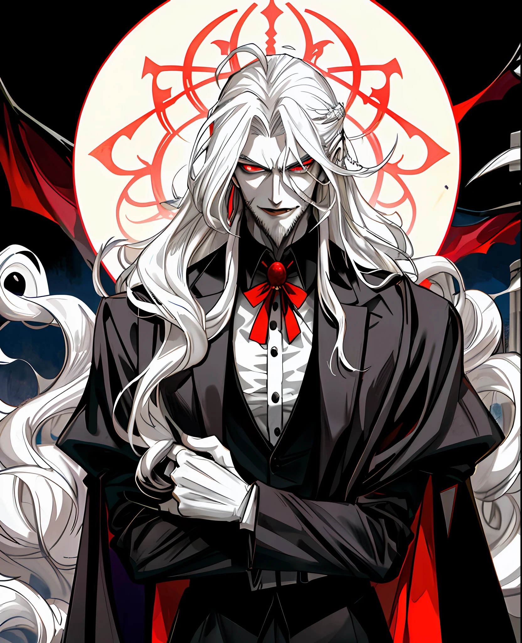 (high detail, Gothic art, masterpiece, best quality) Dracula is depicted as a being of great stature, measuring about 1.90 meters tall. His appearance is slim but imposing, with a commanding presence that commands respect and awe. Its skin is pale and almost translucent, giving it a cadaverous and otherworldly appearance. Its face is angular and sharp, with prominent cheekbones and a defined jaw. The lips are thin and slightly purplish, complementing the vampiric aspect. Dracula's eyes are an intense red, glowing with an unearthly light and reflecting his dark nature. The eyebrows are thin and arched, adding an expression of severity to their features. Her long, shaggy hair is a silvery white, reaching down to her shoulders. The strands are thick and tangled, giving it a wild and challenging look. In contrast to her pale skin, the white hair intensifies her vampiric image. Dracula is known for his long, pointed beard, which gives him an air of ancestral wisdom. His beard, like his hair, is white and unkempt, flowing in tandem with his imposing presence. As for dress, Dracula is often depicted wearing a long, bulky black robe. The cloak is made of a dark, heavy fabric, which extends to the ground. It envelops Dracula's body, giving it an air of majesty and mystery. The mantle features a high, stiff collar, which adds a touch of elegance and antiquity to its look. Underneath the cloak, Dracula wears a dark formal attire, usually consisting of a turtleneck shirt and vest. The costume is adjusted to his body, emphasizing his slender and aristocratic figure. In addition, Dracula displays sharp and menacing fangs, typical characteristics of vampires. They protrude from his mouth when he is thirsty for blood or in moments of intense emotion, adding a frightening touch to his appearance.