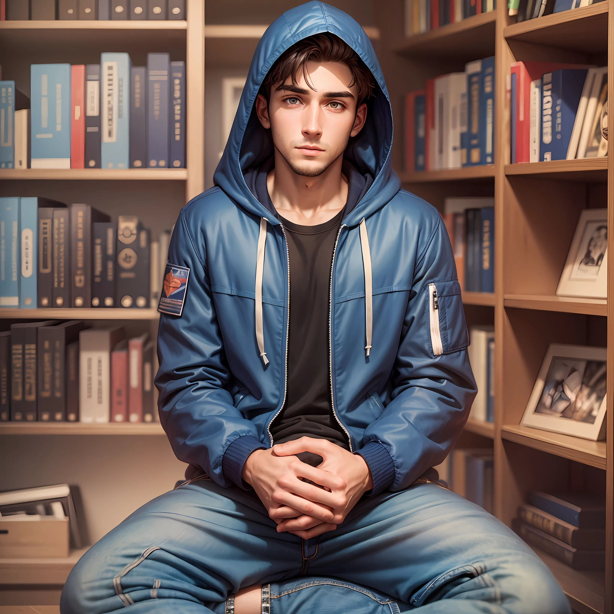 25-year-old man in dark blue jacket with hooded face sitting facing the observer with the background of a room with a bookshelf and an ultra-realistic 4K computer --auto --s2