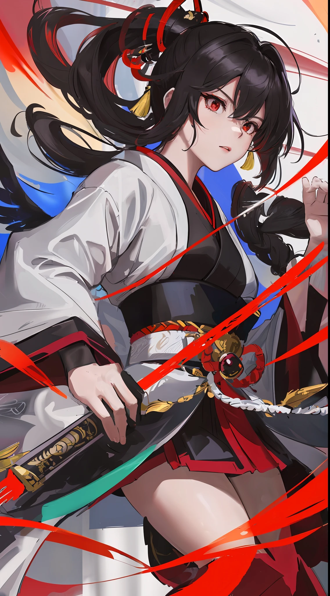 masterpiece, best quality, ultra-detailed, CG illustration, high resolution, better lighting, best shadow, extremely delicate and beautiful, appropriate shading, HD, 8k, ray tracing, hyper detailed and sharp background, perfect lights, anime style, Inspired by the game Mahokenshi: House of Ruby (Tengu, winged mountain kami, aggressive, red and white colors), strength, samuraipunk, solo, 1 woman, black hair, red eyes, adult, obi tassel,