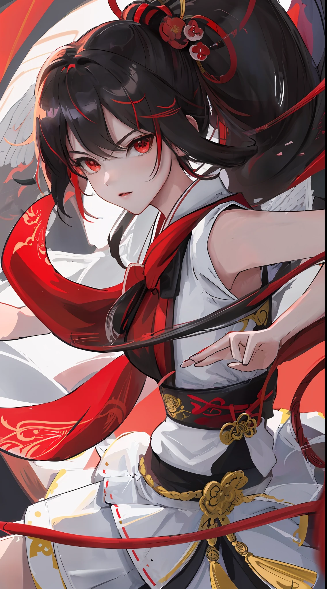 masterpiece, best quality, ultra-detailed, CG illustration, high resolution, better lighting, best shadow, extremely delicate and beautiful, appropriate shading, HD, 8k, ray tracing, hyper detailed and sharp background, perfect lights, anime style, Inspired by the game Mahokenshi: House of Ruby (Tengu, winged mountain kami, aggressive, red and white colors), strength, samuraipunk, solo, 1 woman, black hair, red eyes,  adult, obi tassel,