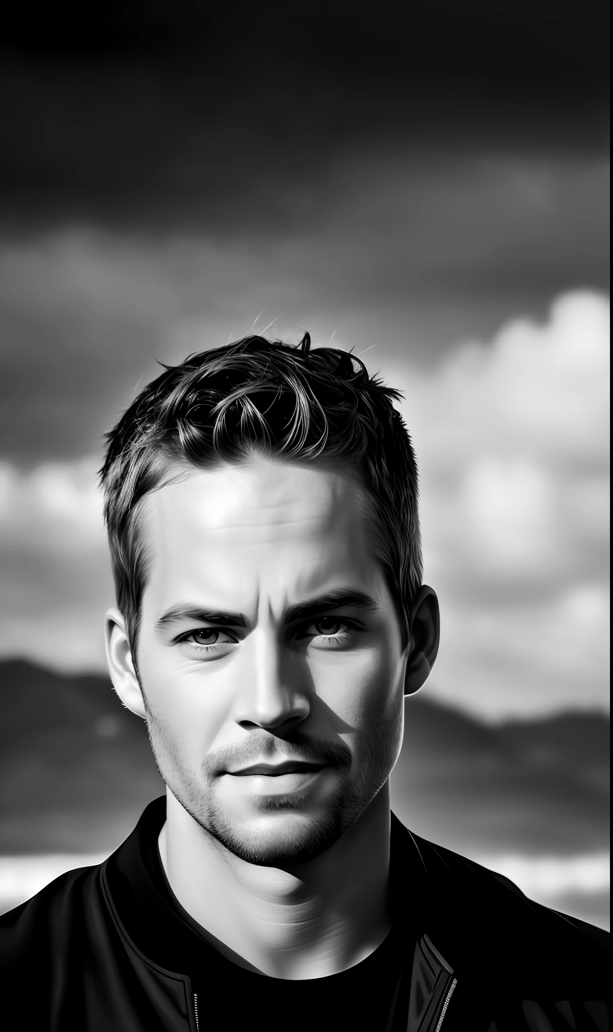 black and white photo of paul walker, realistic, face eprfsite, happy, at peace, in black clothes neon silver, face, half body, body, highly detailed skin with futuristic details, skin pores, coastline, dark cloudy weather black rays, wind, waves, 8k uhd, Dslr, soft lighting, high quality, film grain, Fujifilm XT3