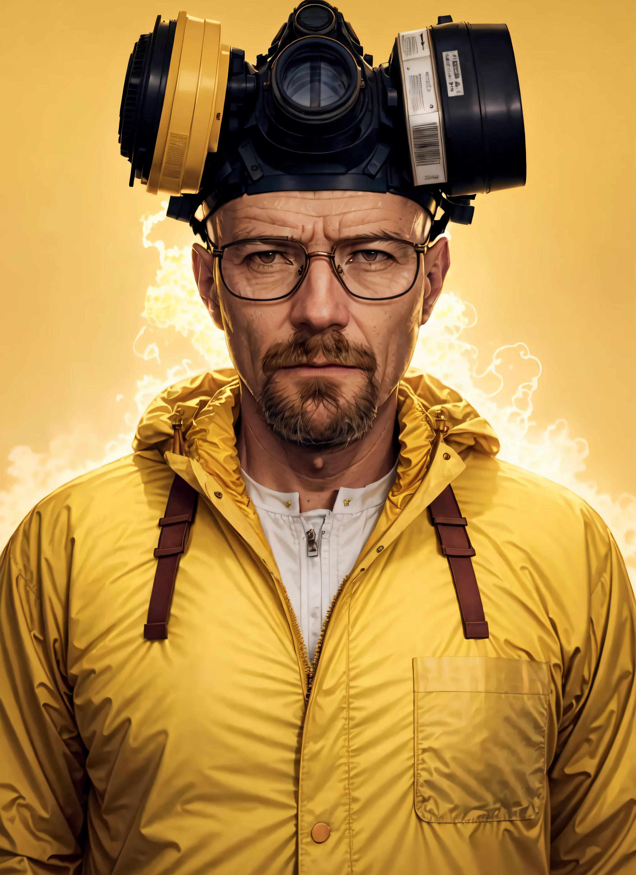 A stunning intricate full colour upper body photo of man wearing glasses, (wearing a yellow lab coat and a gas mask on the head), bald,
epic character composition,
by ilya kuvshinov, alessio albi, nina masic,
sharp focus, natural lighting, subsurface scattering, f2, 35mm, film grain