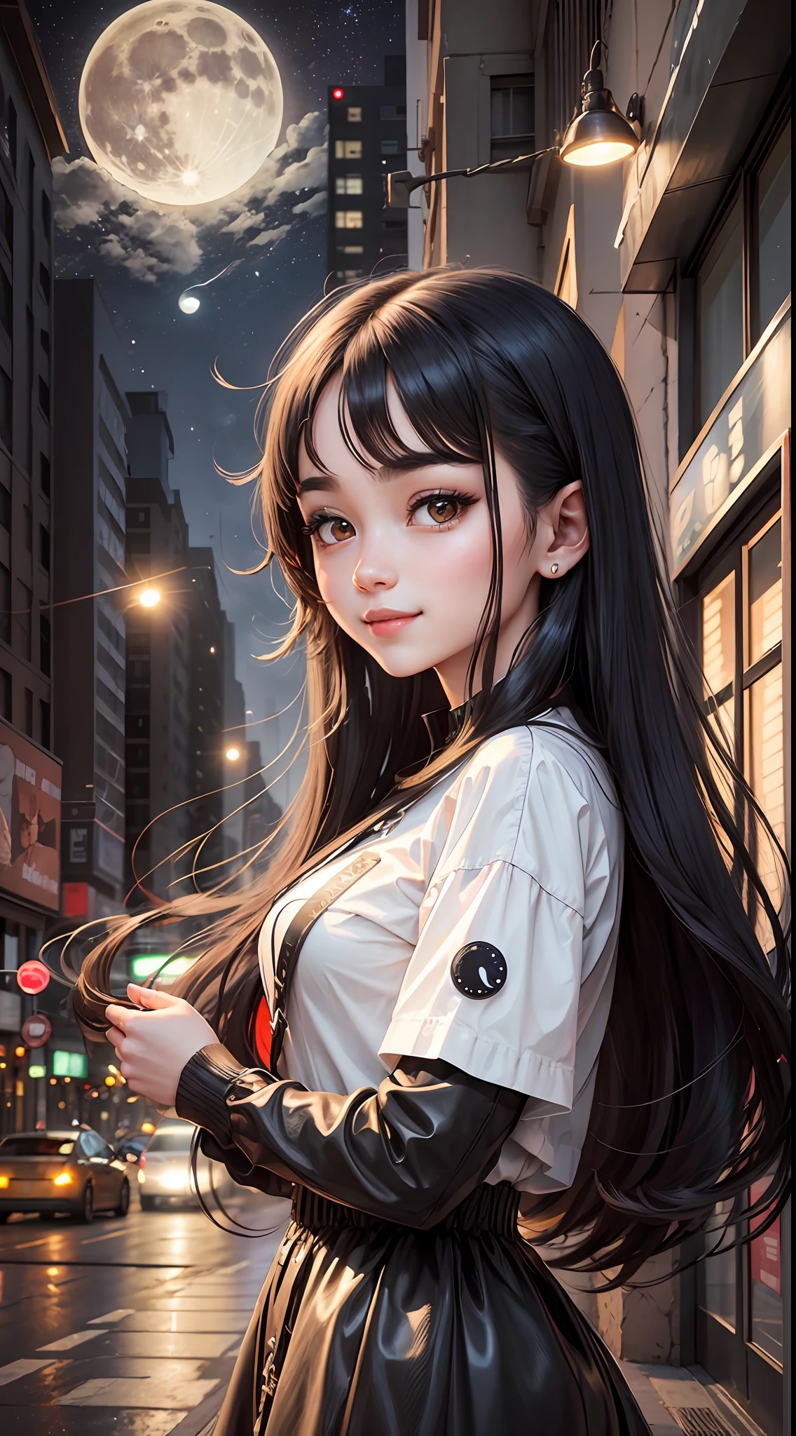 A -yeld gi almond-eyed, long black hair (wearing trendy clothes) a captivating smile, it's clear moon night in the city.