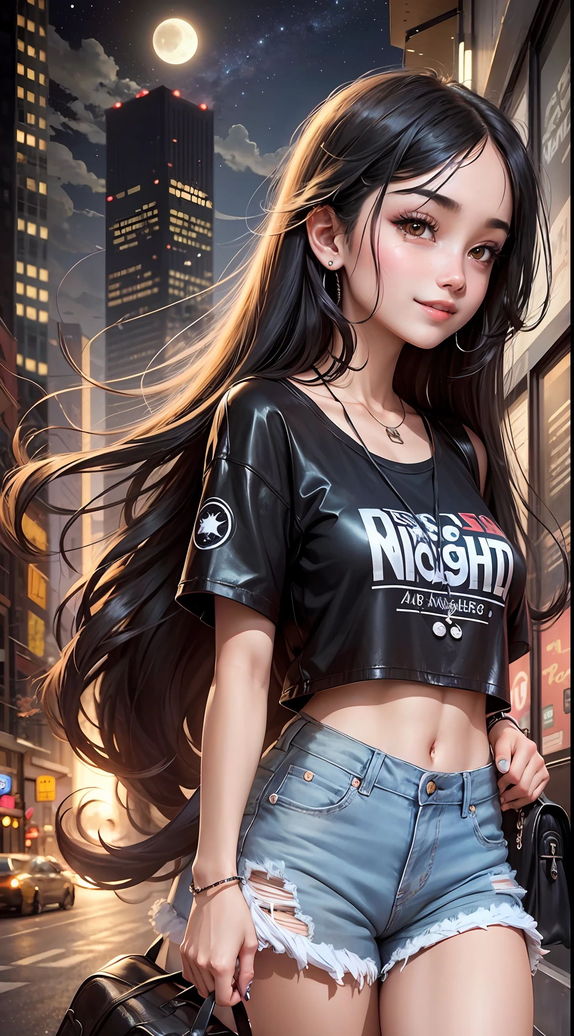 A -yeld gi almond-eyed, long black hair (wearing trendy clothes) a captivating smile, it's clear moon night in the city.