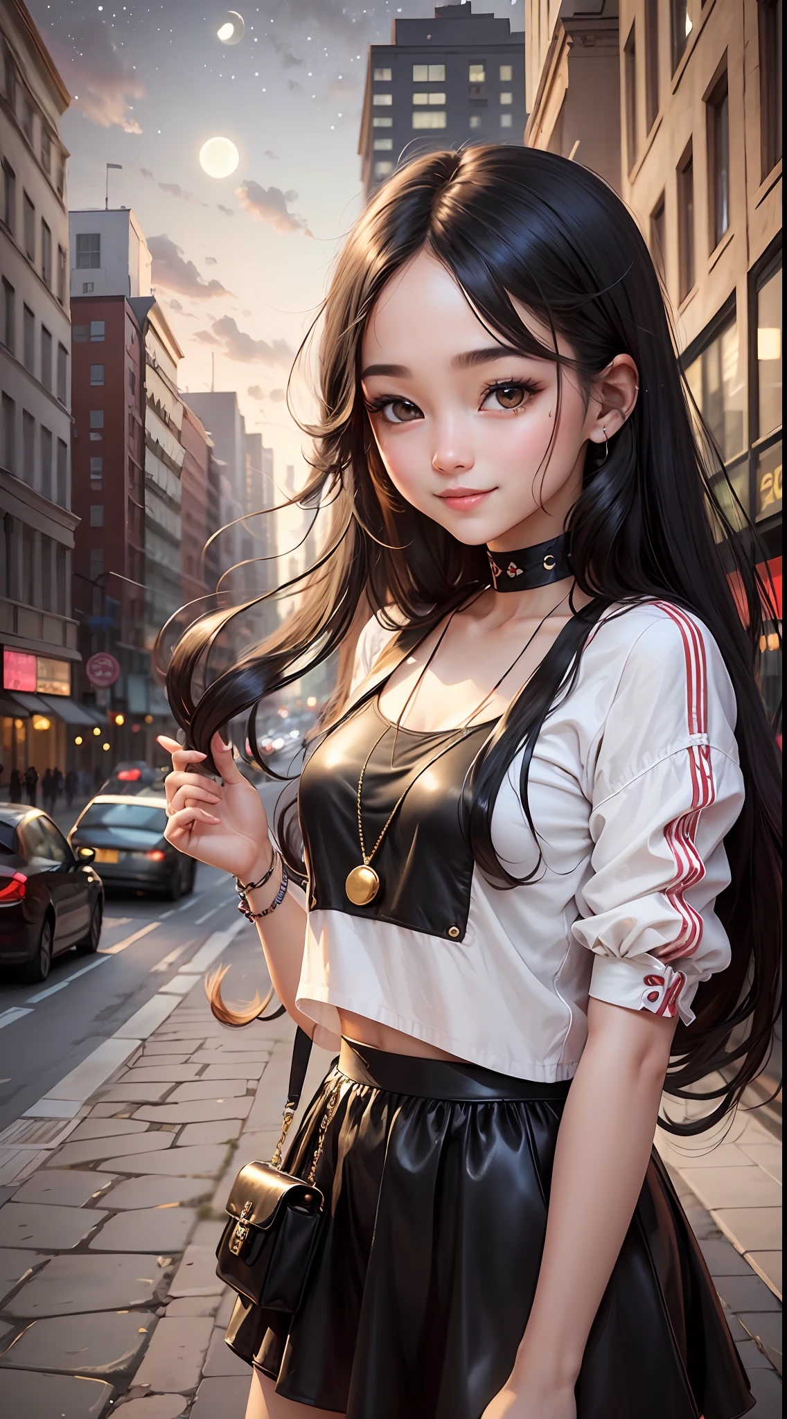 A 15-year-old girl, almond-eyed, long black hair (wearing trendy clothes) a captivating smile, it's clear moon night in the city.