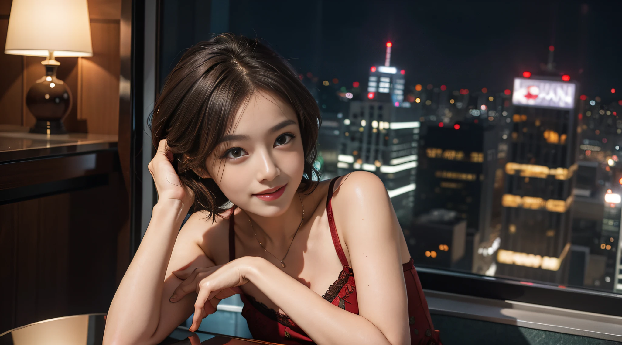 One woman. Beautiful woman, various poses, high rise hotel room, looking out by the window, beautiful night view, side view, short clothes, floral camisole, short bob, brown hair, brown eyes, black leather mini skirt, smile, small bust, red cocktail, glass on table