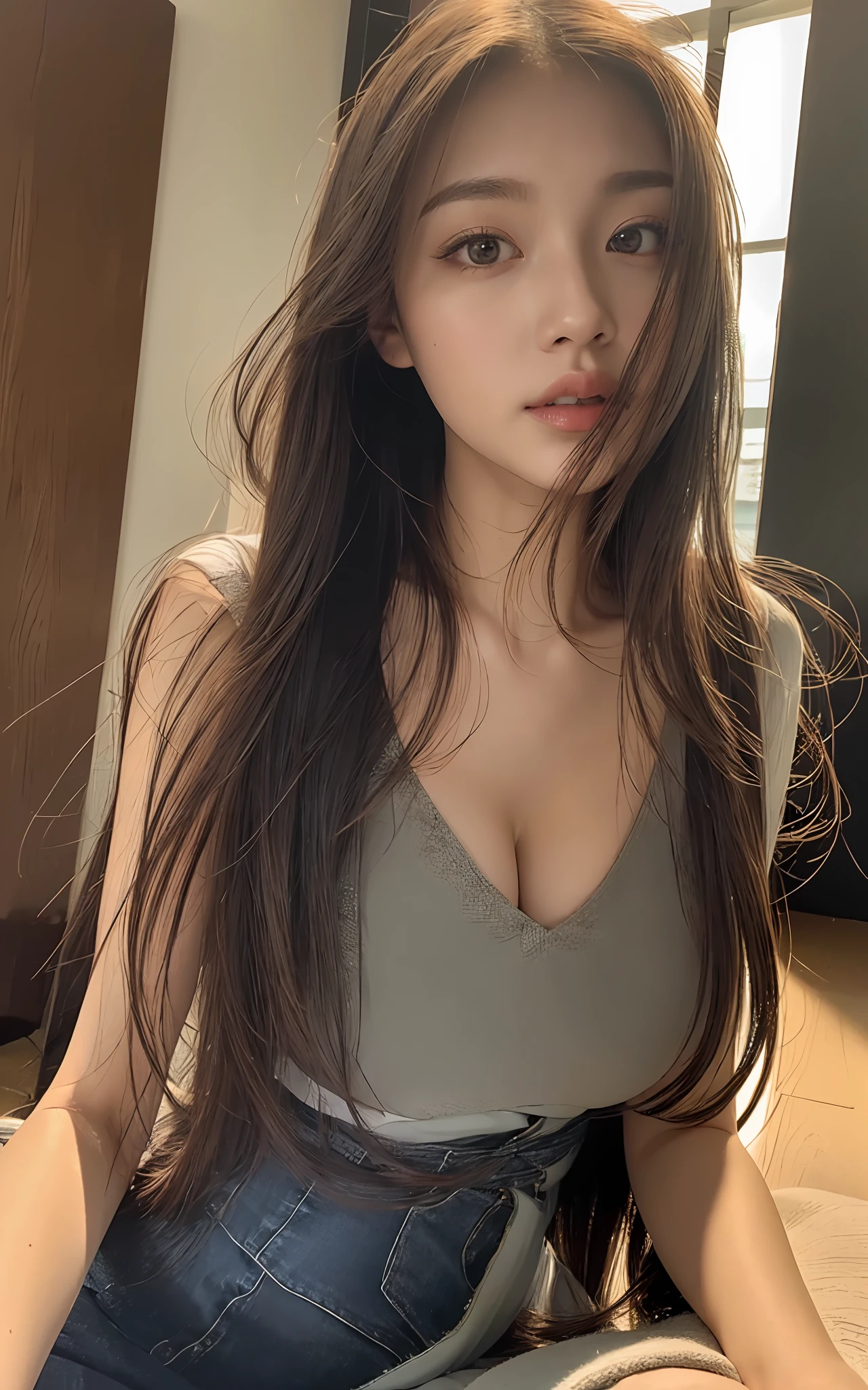 Superb, masterpiece, super high definition, realistic, girl, (beautiful face 1.4), (big breasts, constricted waist), long hair, indoors, blur, beautiful light, glossy skin, small head,