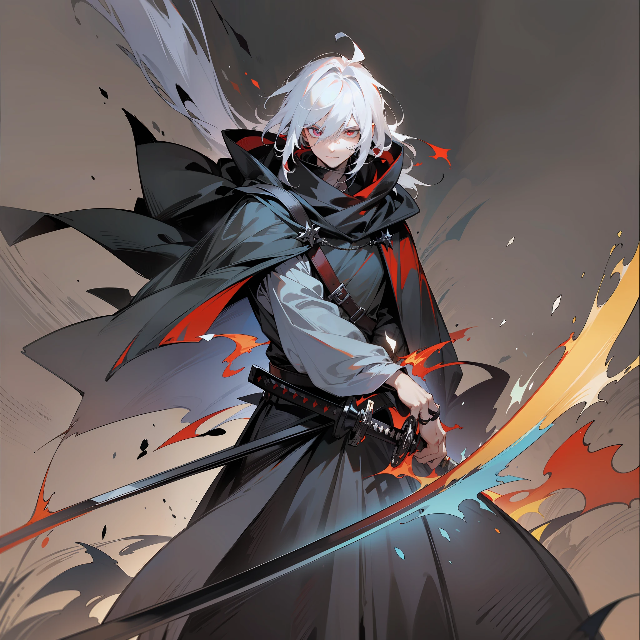 A man with medium-length white hair. Has vermillion-coloured eyes, and wears a long black cloak. Carries a sheathed sword on his waist.