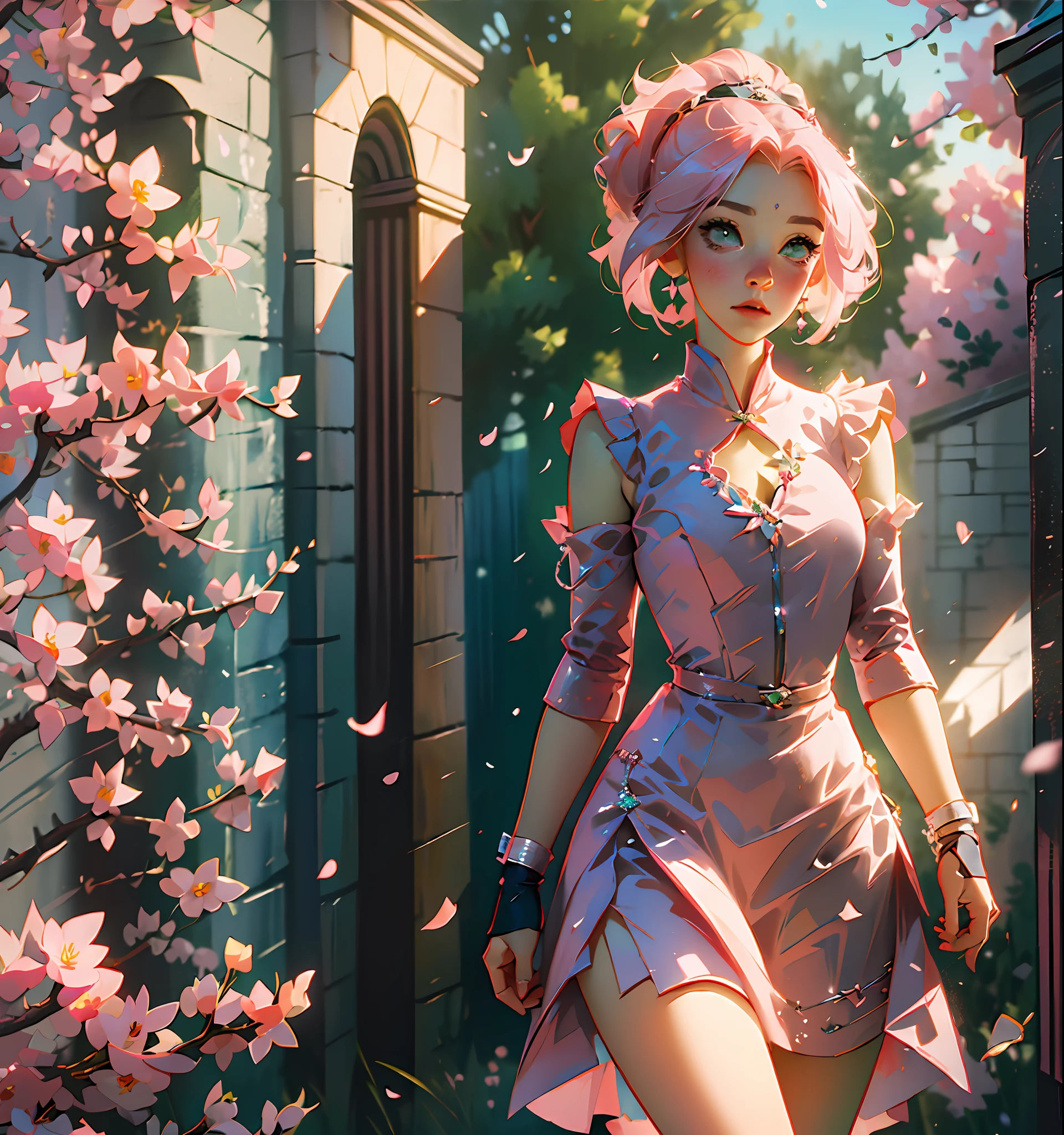 Sakura haruno, ((solo)), alone, princess, wearing a green princess dress, queen, happy, ((forehead to show)), standing, entering the church, pink hair, short hair, delicate, young, short hair, detailed face, high definition, ((full body)), (flowers around her), full body, she is a beautiful woman, face with high quality, beautiful, radiant, pastel tones, high definition,  pastel tones, delicacy, sakura haruno, sakura, pastel tones, beautiful face, sharp strokes, anime, sakura haruno, anime, hd, pink hair, anime, sakura, apparent strokes