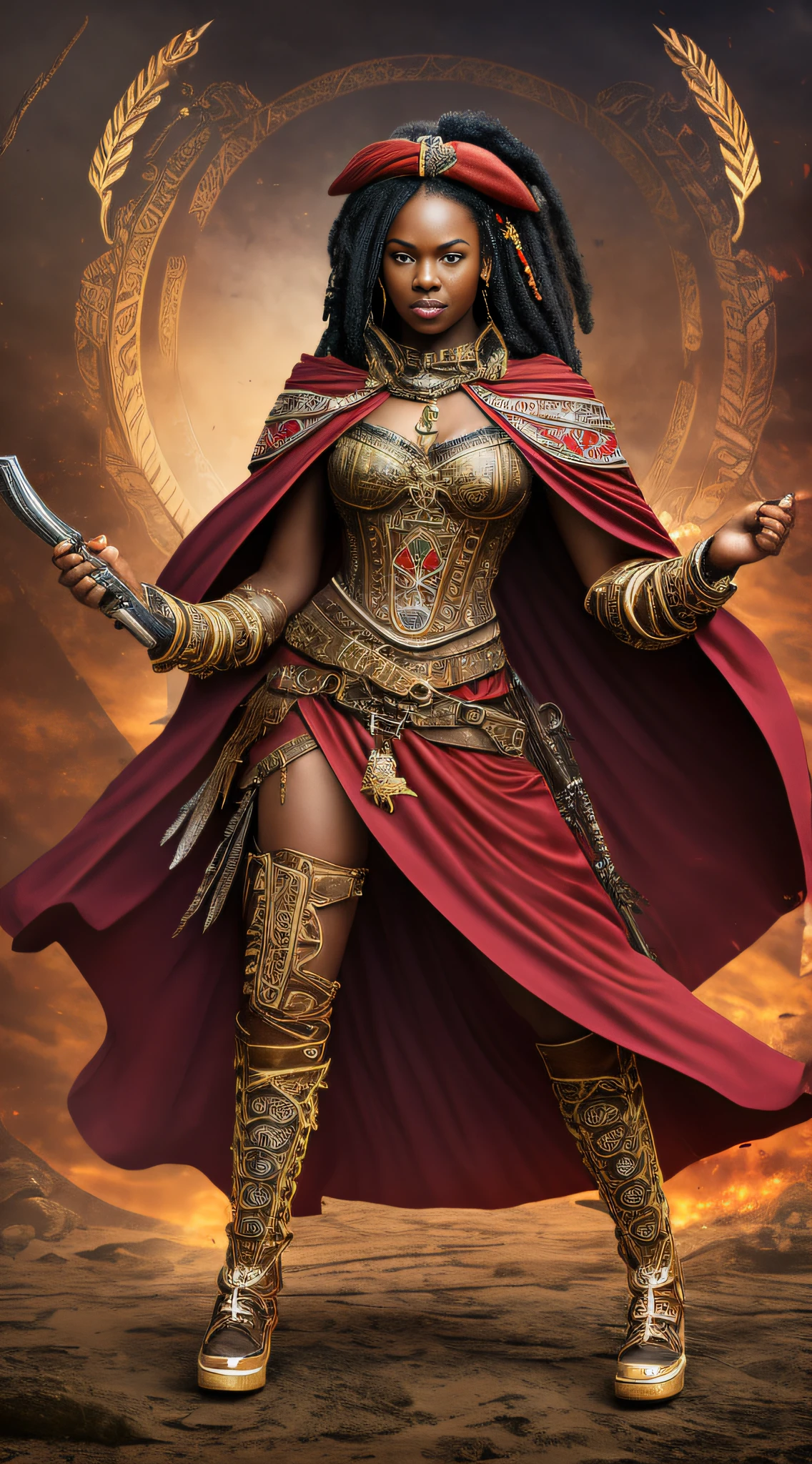 ultra-realistic 8k photography, ultra quality, ((African steampunk pirate girl)) (full body: 1.3) natural very dark skin, front character, curly dread hair, african woman, holding traditional sword in hand and other artifact made with large buffalo-tailed hair, hood covering head and part of face, rustic armor, buffalo horn at the waist,  hooded calligraphy adynkra, dark and gloomy, red skirt, woman flowing red dress calligraphy adynkra, warrior woman, north adult warrior woman, with 45 years, facial tattoo african calligraphy, storm style character with red dress, flowing cape, flowing red dress, holiness, dark skin african goddess of war, holy pose, open arm, mystic, orisha, oyá, Iansâ, Santa Barbara, holy attitude,  depth of field --auto --s2