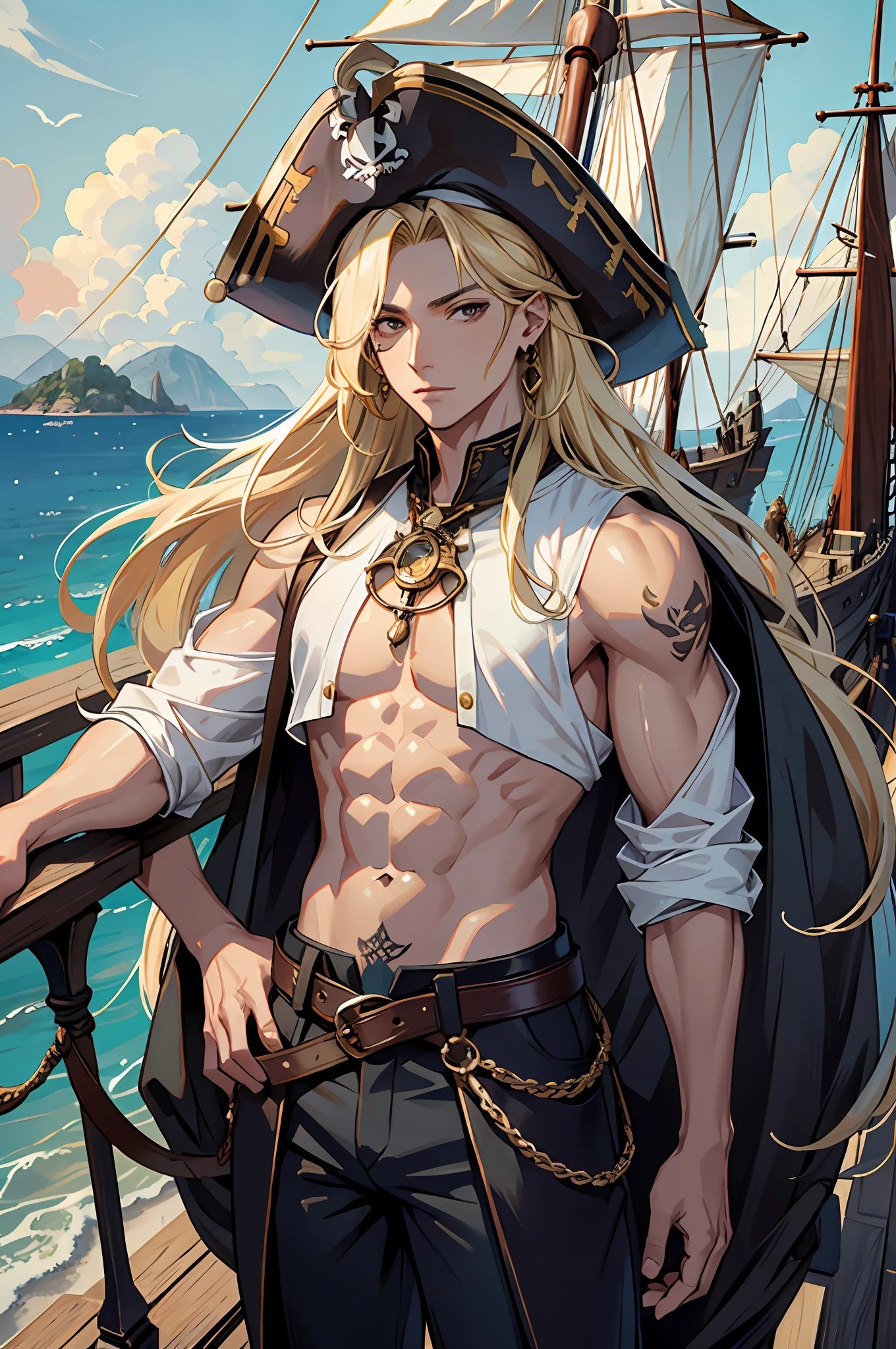 masterpiece, absurdres, best quality ,intricate details , (shiny skin, shiny body, shiny oily luster skin, shiny hair, pale skintone), pirate ship , Sundown , ((1man)), attractive, ((muscular)), adult, one eye patch, tattoo ,white blouse, earrings, brown pants, Parrot on the shoulder , Don't look at the view , Not looking at the view, blonde very long hair