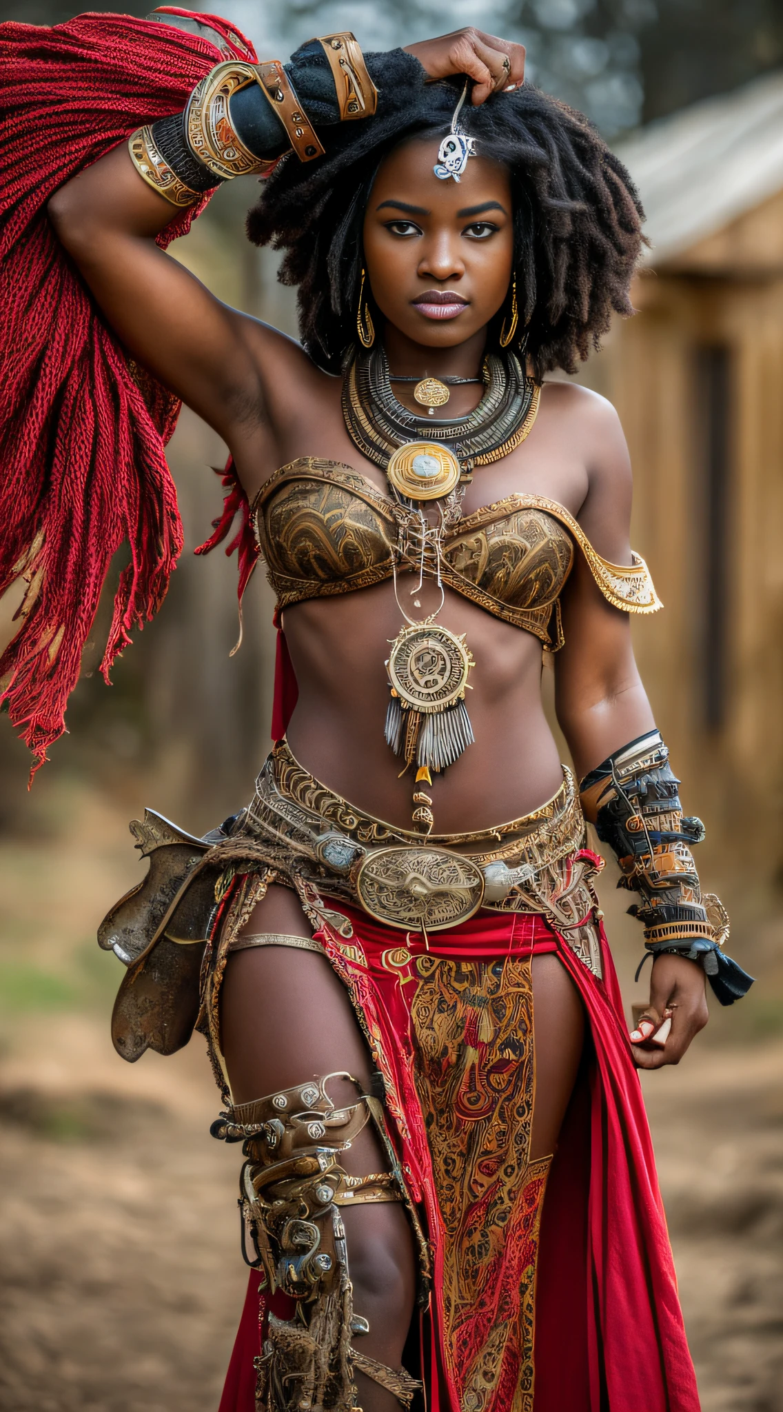 ultra-realistic 8k photography, ultra quality, ((African steampunk pirate girl)) (full body: 1.3) natural very dark skin, front character, curly dread hair, african woman, holding traditional sword in hand and other artifact made with large buffalo-tailed hair, hood covering head and part of face, rustic armor, buffalo horn at the waist, hooded calligraphy adynkra, dark and gloomy, red skirt, woman flowing red dress calligraphy adynkra, warrior woman, north adult warrior woman, with 45 years, facial tattoo african calligraphy, storm style character with red dress, flowing cape, flowing red dress, holiness, dark skin african goddess of war, holy pose, open arm, mystic, orisha, oyá, Iansâ, Santa Barbara, holy attitude, depth of field --auto --s2