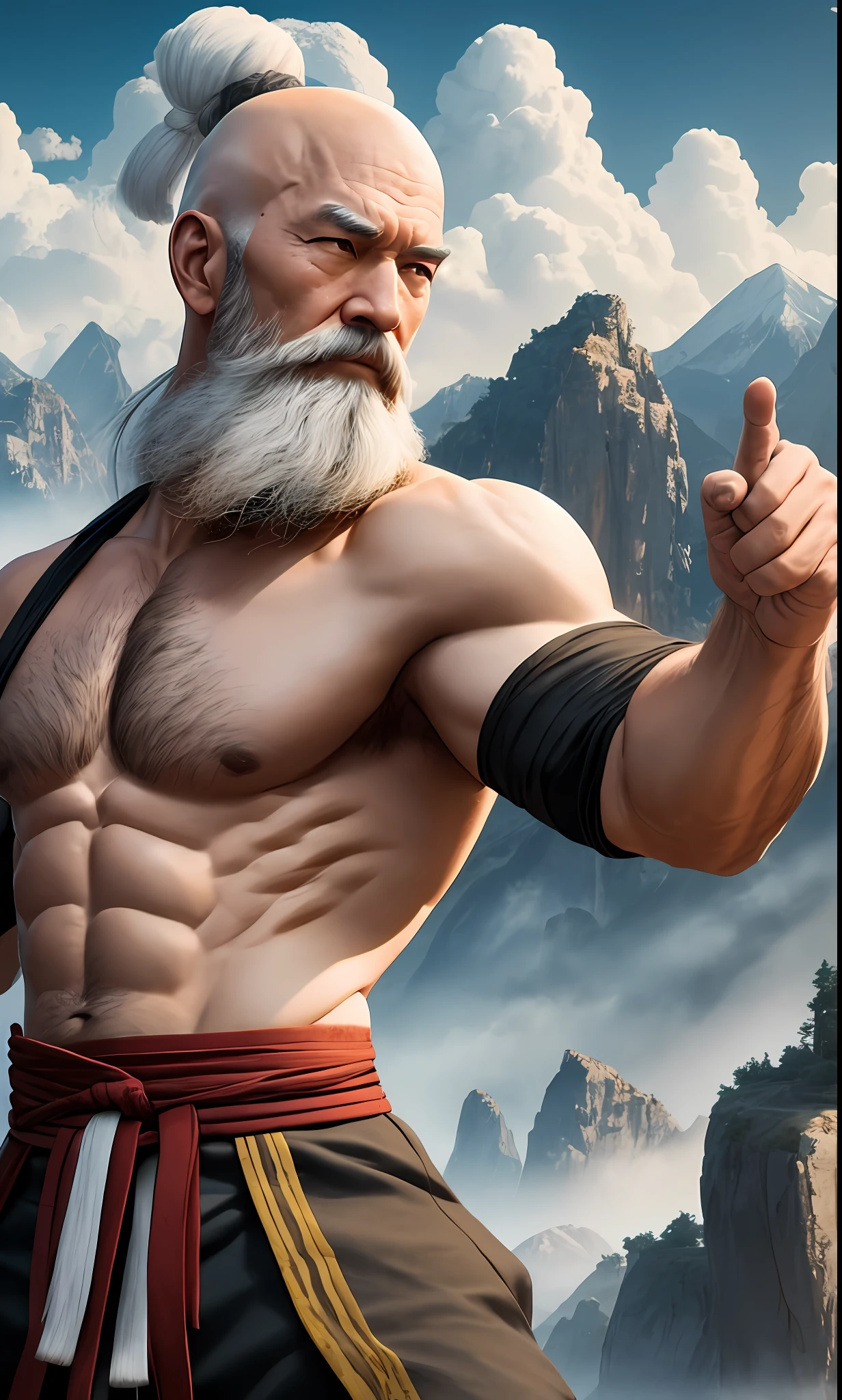 expansive landscape photography back, (a old kung-fu master), bald head, braided white beard, intricate, unreal engine --auto --s2