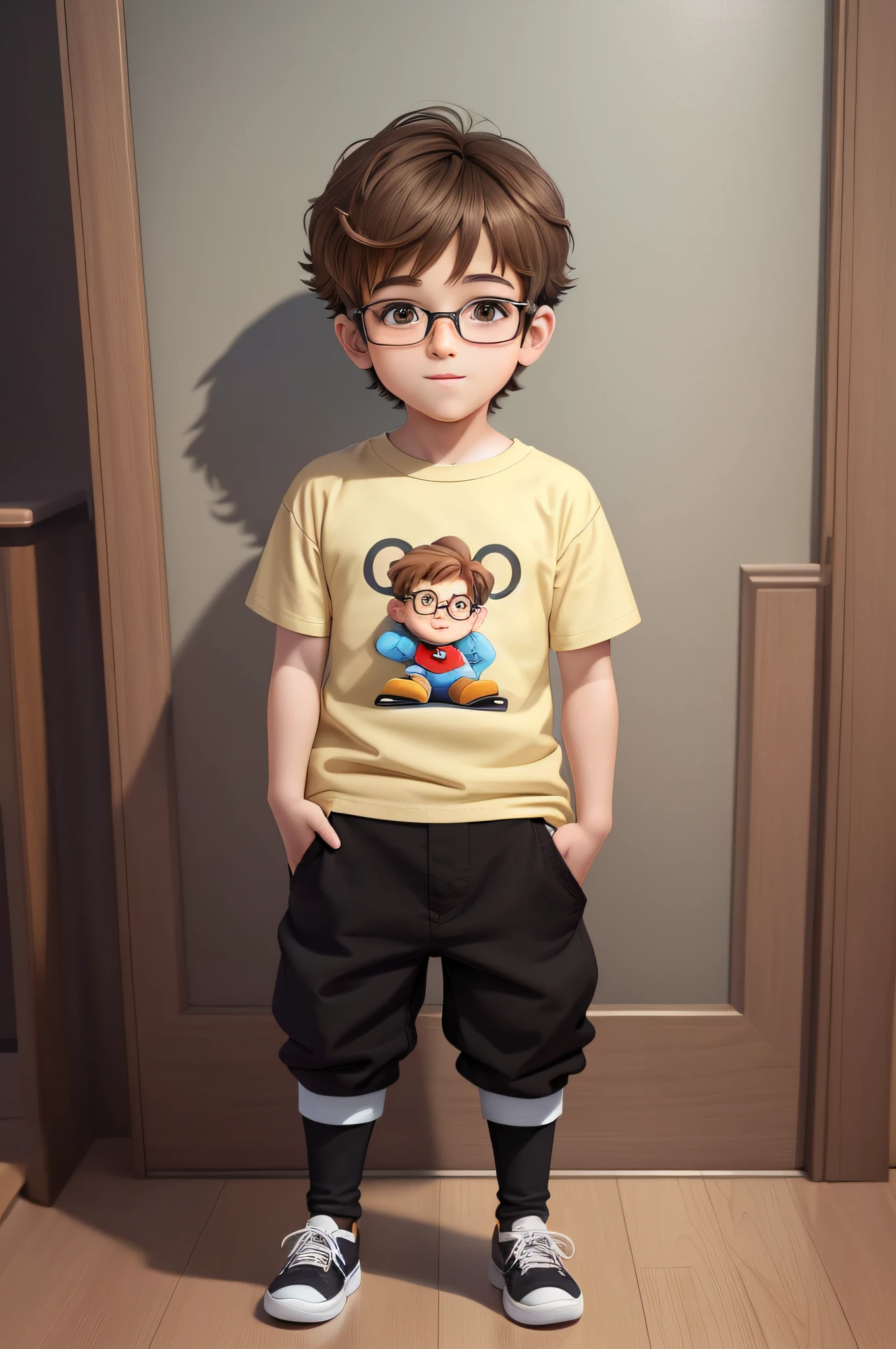 A children's cartoon boy, child, cuddly, (brown eyes), glasses, neutral frontal pose, light brown hair, black eyes, inspired by disney, is not anime, classic art, digital drawing, full body, pants and cute shirt.
