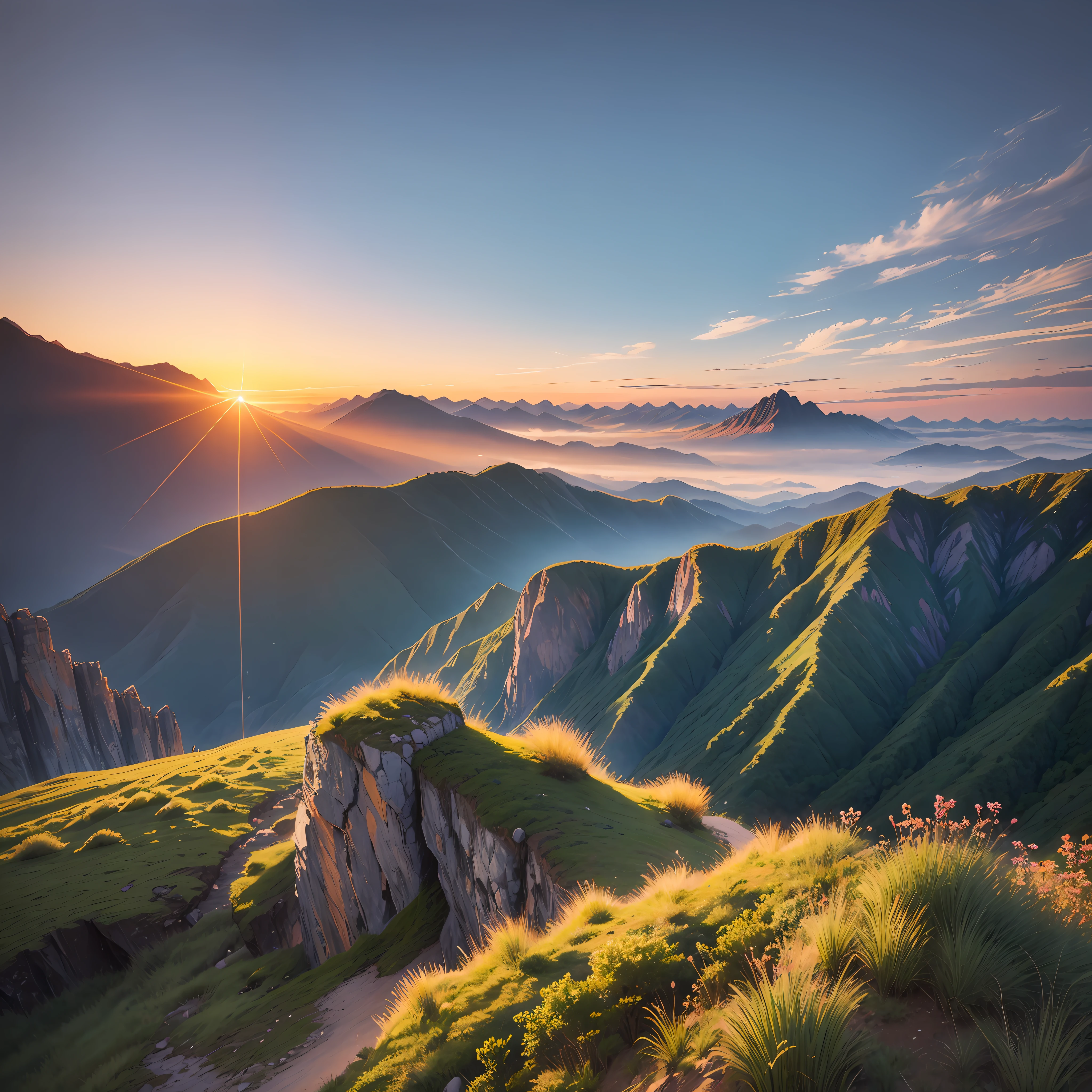 grainy, extremely detailed, masterpiece, high quality, cliff in front of big mountain, view from top of a mountain, sunset horizon --auto --s2