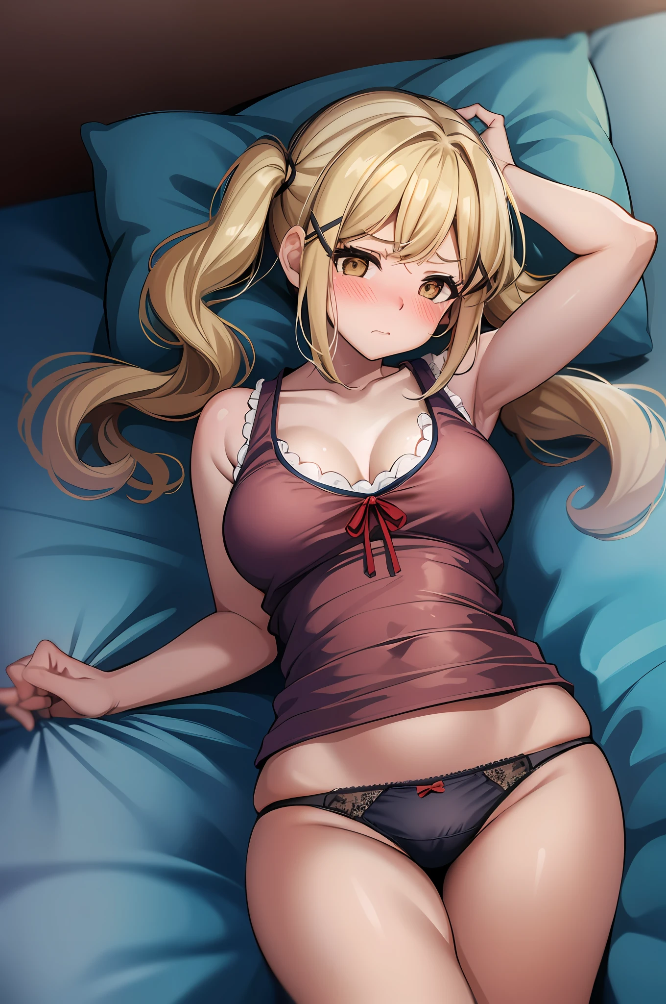 1girl, Arisa ichigaya, x hair ornament, blonde twintails, (tanktop, panties), sexy body, busty, lying on bed, thighs, crotch, (blushing:1.4), (breath:1.4), pov, (from above view)