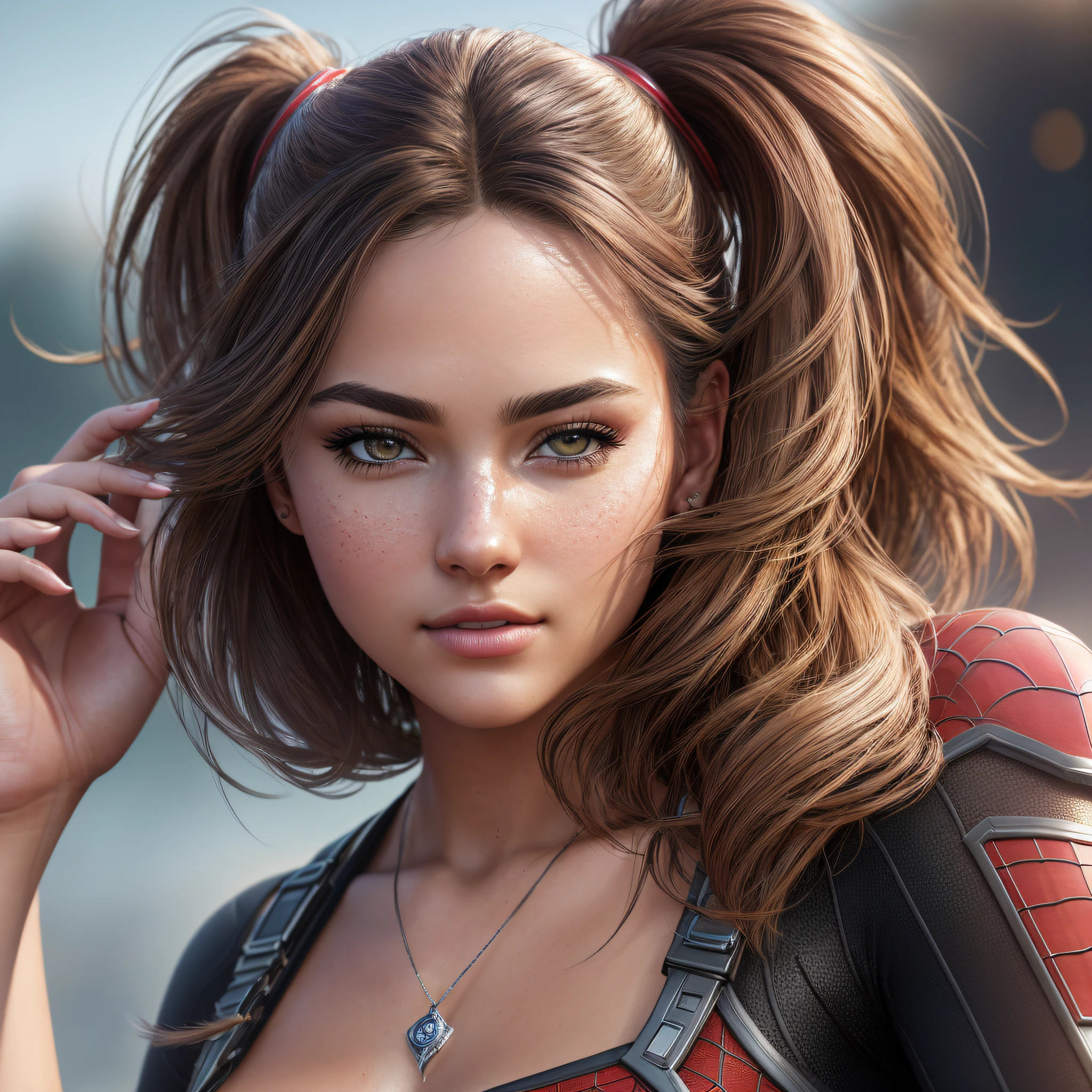 (RAW,, Nikon Z 14mm ultra wide angle lens, award-winning glamorous photography, ((best quality)), ((masterpiece)), ((realistic)), skin pores, subsurface scattering, radiant light rays, high-res, detailed facial features, high detail, sharp, smooth, aesthetic, extremely detailed focus, (extremely detailed eyes, extremely detailed iris), extremely detailed hair, extremely detailed skin, extremely detailed clothing, octane rendering, photorealistic,  realistic, post-processing, maximum detail, realistic shadows, roughness, natural skin texture, real life, ultrarealistic, photorealism, photography, 8k UHD, photography, hdr, intricate, elegant, highly detailed, sharp focus, impressive, gorgeous, gorgeous), Beautiful and realistic 18-year-old girl like Marvel Spider-Man, makeup, visible full body, brown hair, realistic skin, photorealistic, athletic body, realistic, cinematic photo, (8k CG unit wallpaper  extremely detailed), trend in ArtStation, trend in CGSociety, High details, Sharp focus, dramatic, beautiful background, full footage, high quality, (beautiful face), (detailed face), detailed hands, beautiful hands