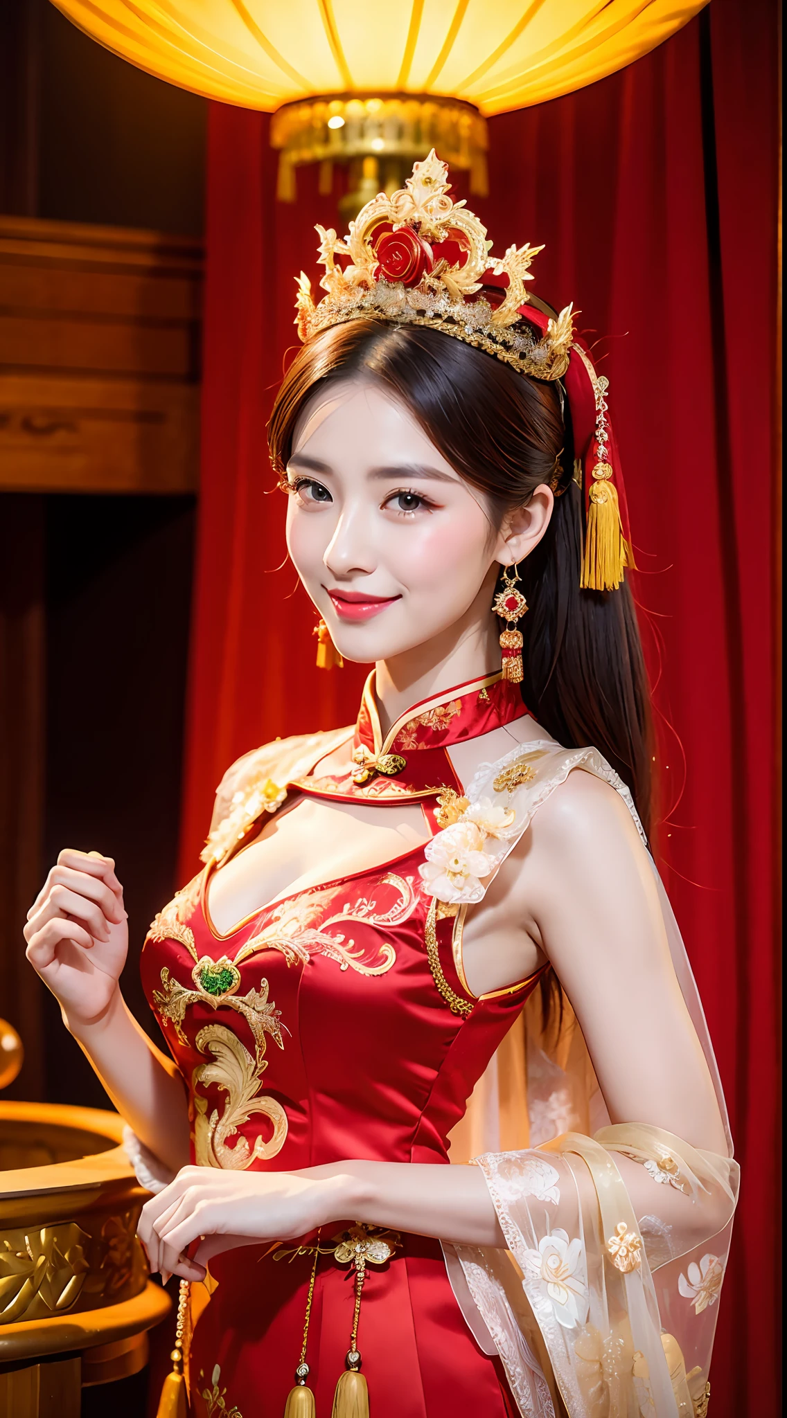 (8k, RAW Photo, Best Quality, Masterpiece: 1.2), (Realistic, Realistic: 1.37), 1 Girl, Woman in Red Dress and Headdress Posing for Photo, Gorgeous Role Play, Beautiful Costume, Chinese Dress, Complex Dress, Complex Costume, Traditional Beauty, Gorgeous Chinese Model, Chinese Costume, Wearing Gorgeous Costume, Wearing Elegant Chinese Xiuhe Dress, Chinese Wedding Dress, Phoenix Crown Xia Hanging, Antique Bride, Xiuhe Dress, Medium View, Phoenix Crown on the Head, Smile, No Watermark, Dragon and phoenix embroidered dress