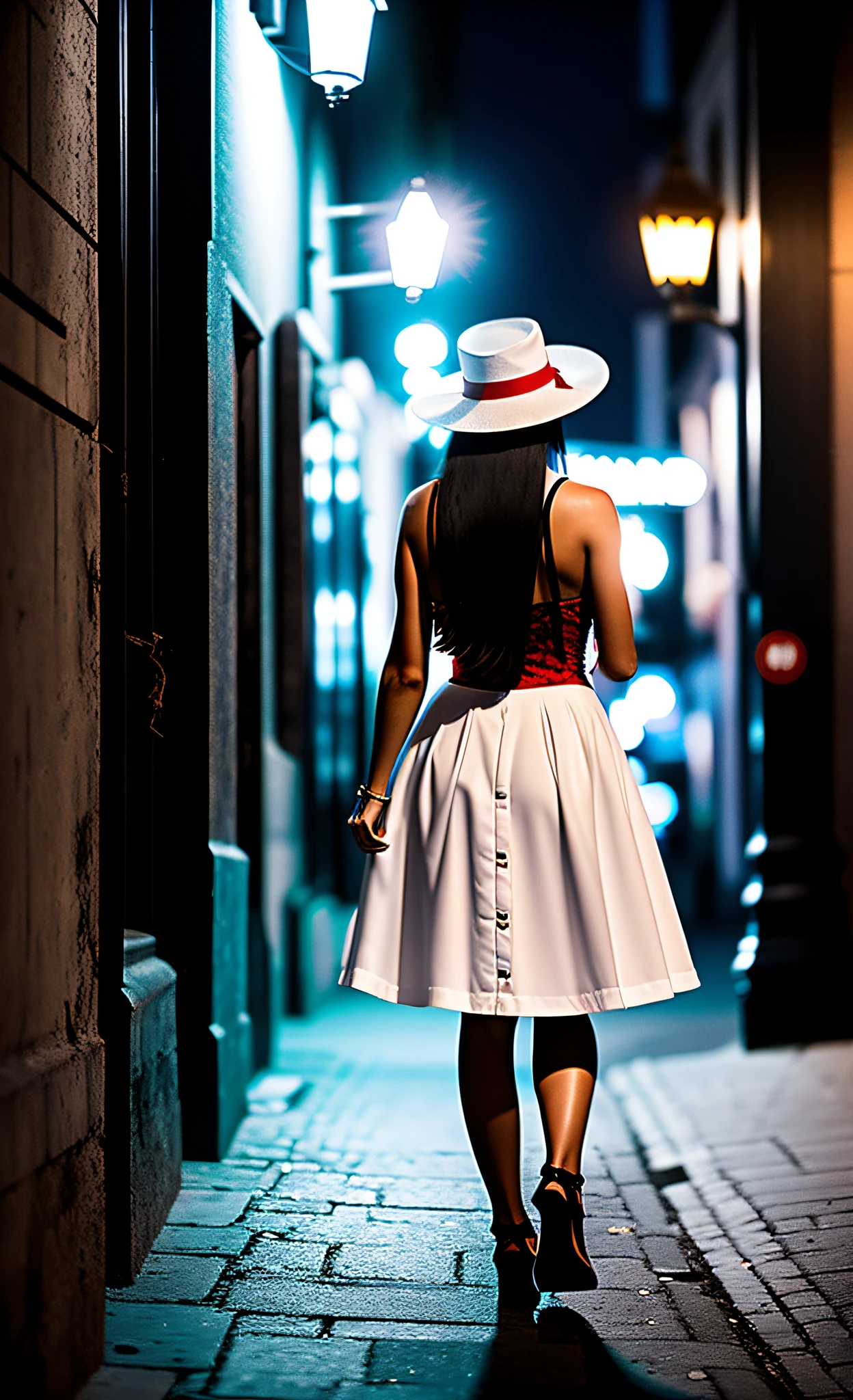 Portrait taken behind a lady of the night, lonely woman, mysterious walk, walking through the dark night, shadows, empty street of the center of a city, low light, wearing long white skirt, red corset, white Panama hat with roses, long hair, amber skin, cigarette in the hands, alone, no people around, dark (cinematic, photorealistic, dramatic, sharp focus, cinematic, 8k)