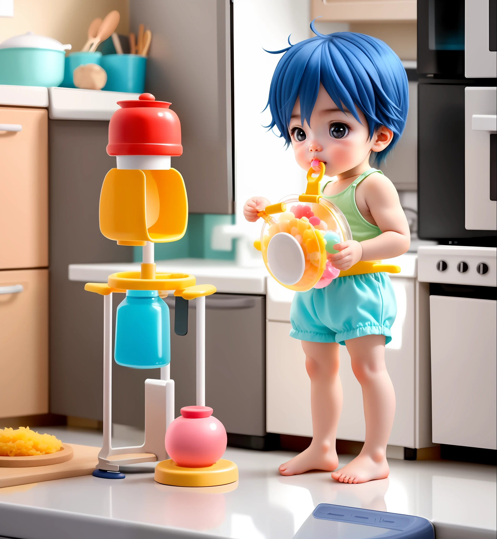 A cute baby boy eating pacifiers with strong muscles standing on the stove stir-frying