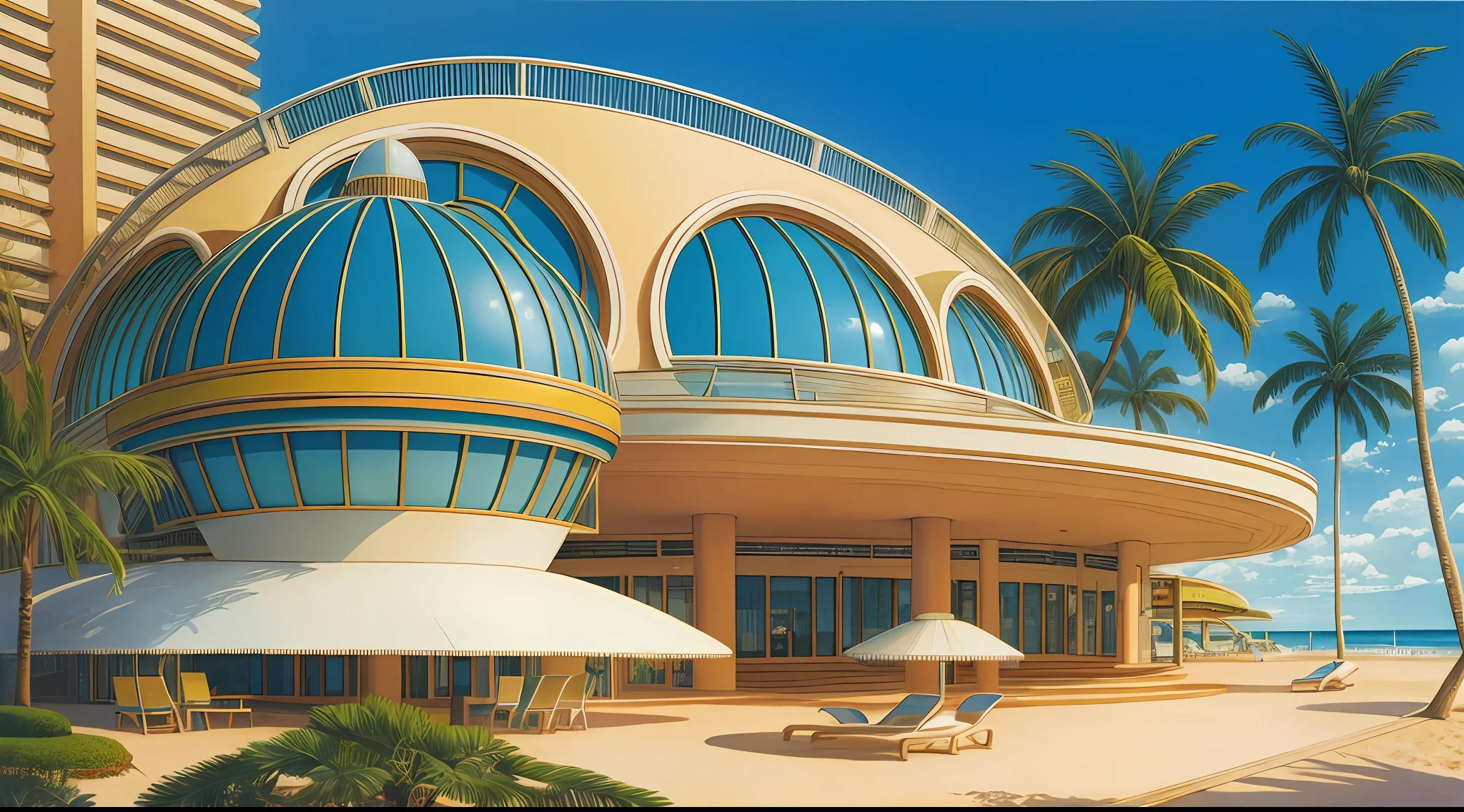 (art by Barclay Shaw), retrofuturistic sunny hotel resort near beach, high details, high resolution, HD,
