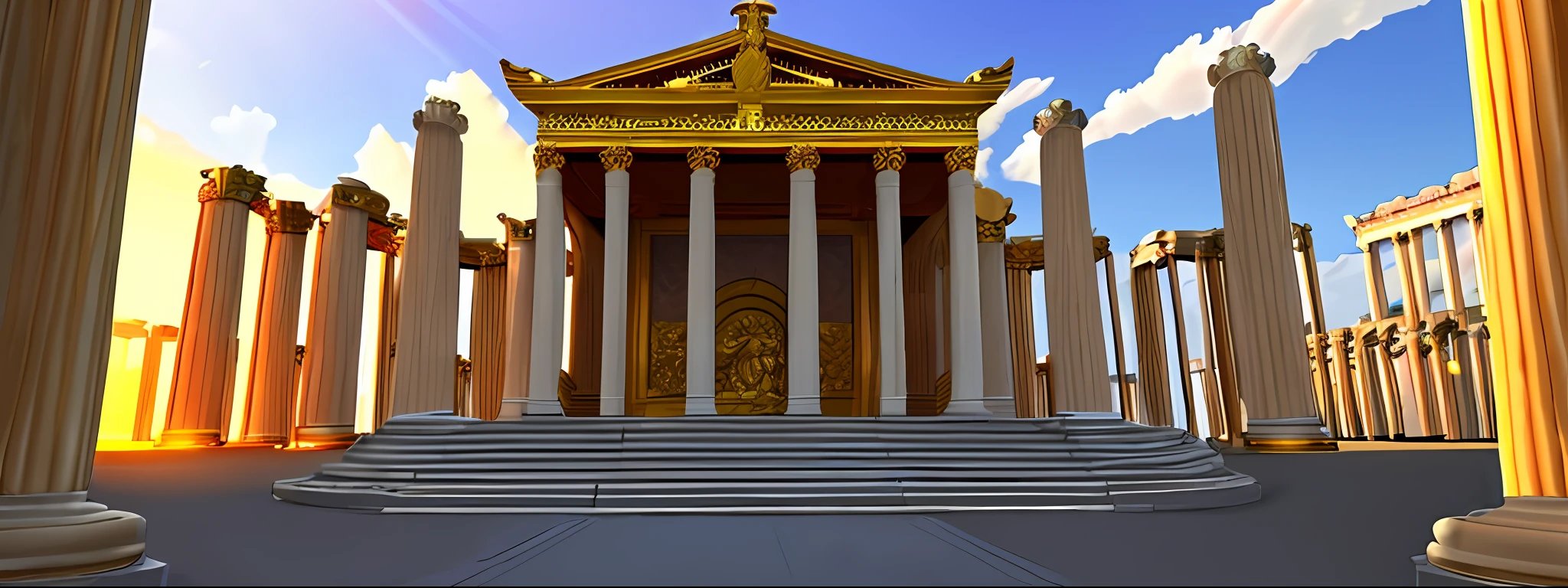 /imagine prompt: [A majestic Roman temple], [A classic Roman temple with golden columns, a circular roof, and a radiant aura], [The atmosphere is solemn and grand, emanating a sense of historical and spiritual importance], [The lighting it is soft and heavenly, with rays of golden light bathing the temple and creating a magical glow]