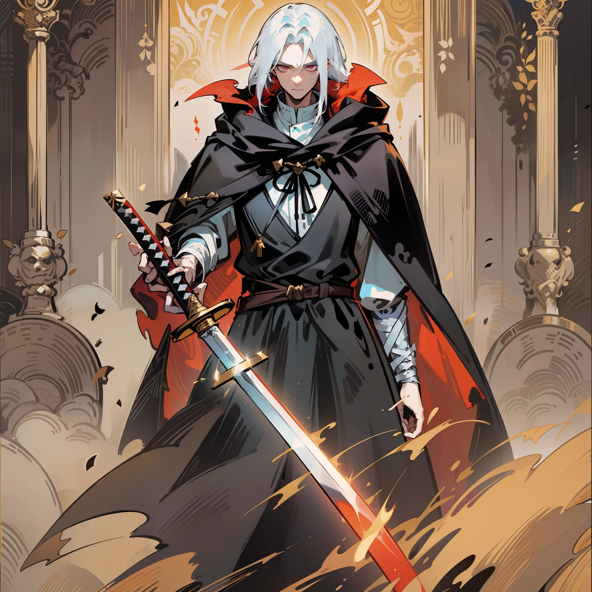 A man with medium-length white hair. Has vermillion-coloured eyes, and wears a long black cloak. Carries a sheathed sword on his waist. Has a golden-left arm.