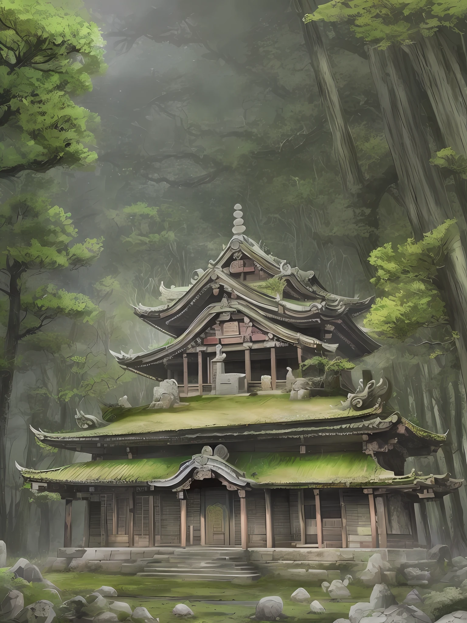 A Realistic anime image of a old temple in the middel of a Forest.