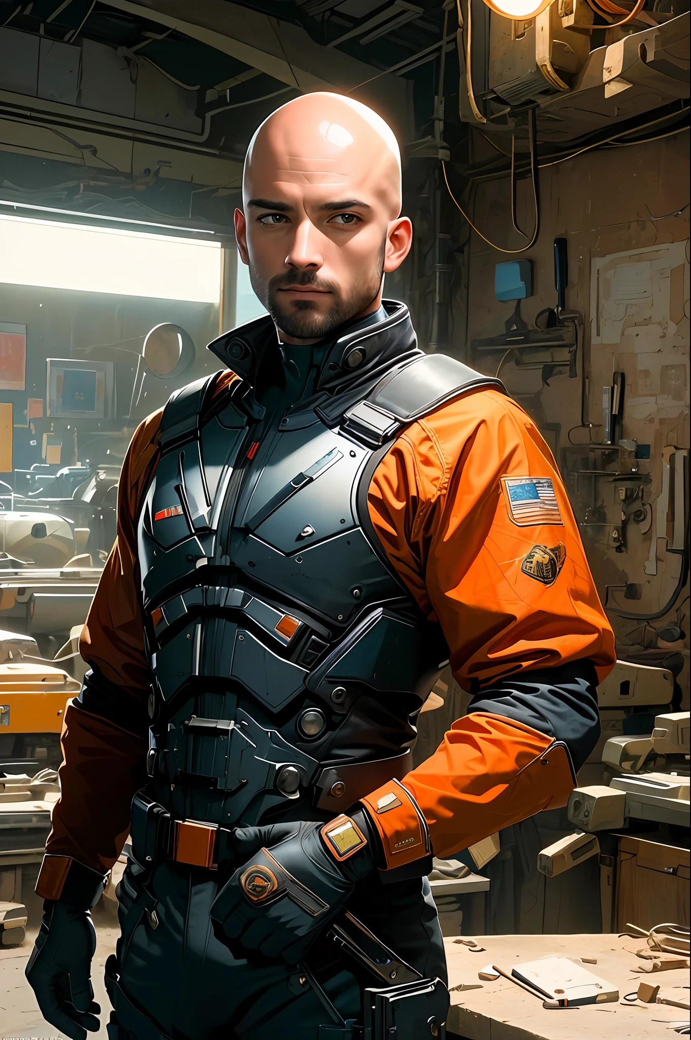 (masterpiece, top quality, best quality, official art, beautiful and aesthetic: 1.2), bald man 31 years, flavio mazy, upper body, full black suit, room full of weapons, orange taillight,