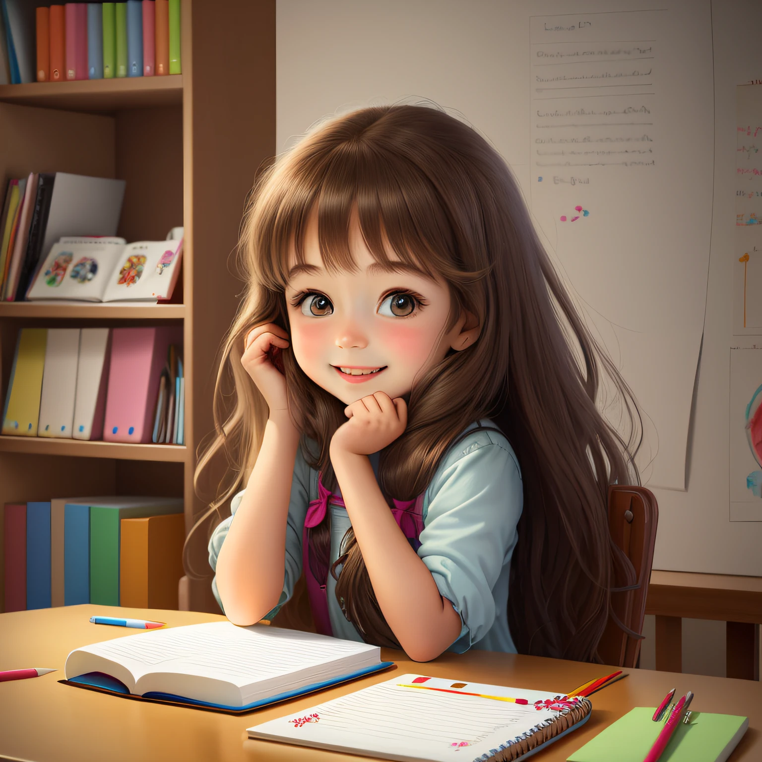 A happy girl, long brown hair, background with notebooks and pencils. children's art