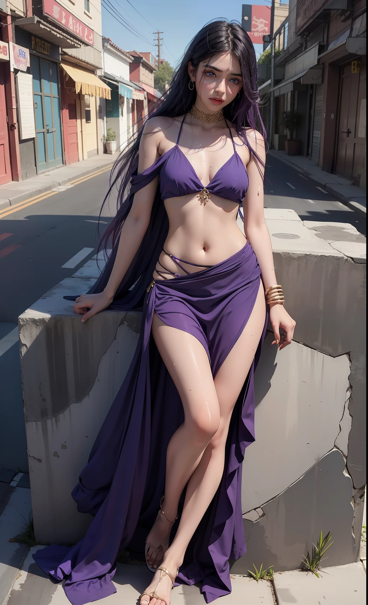 concept art, Indian girl, blue eyes, small chest, wearing sexy small lehenga, small long lite purple hair,  hips,  look at viewer, shy blush face, sexual expression,  sexy, bare shoulder, wet dress, wet body, ((nipple's)), unconcerned, NSFW, quality, in the street, sleeping, legs spread, ((legs spread)), loli, contrast, dark,