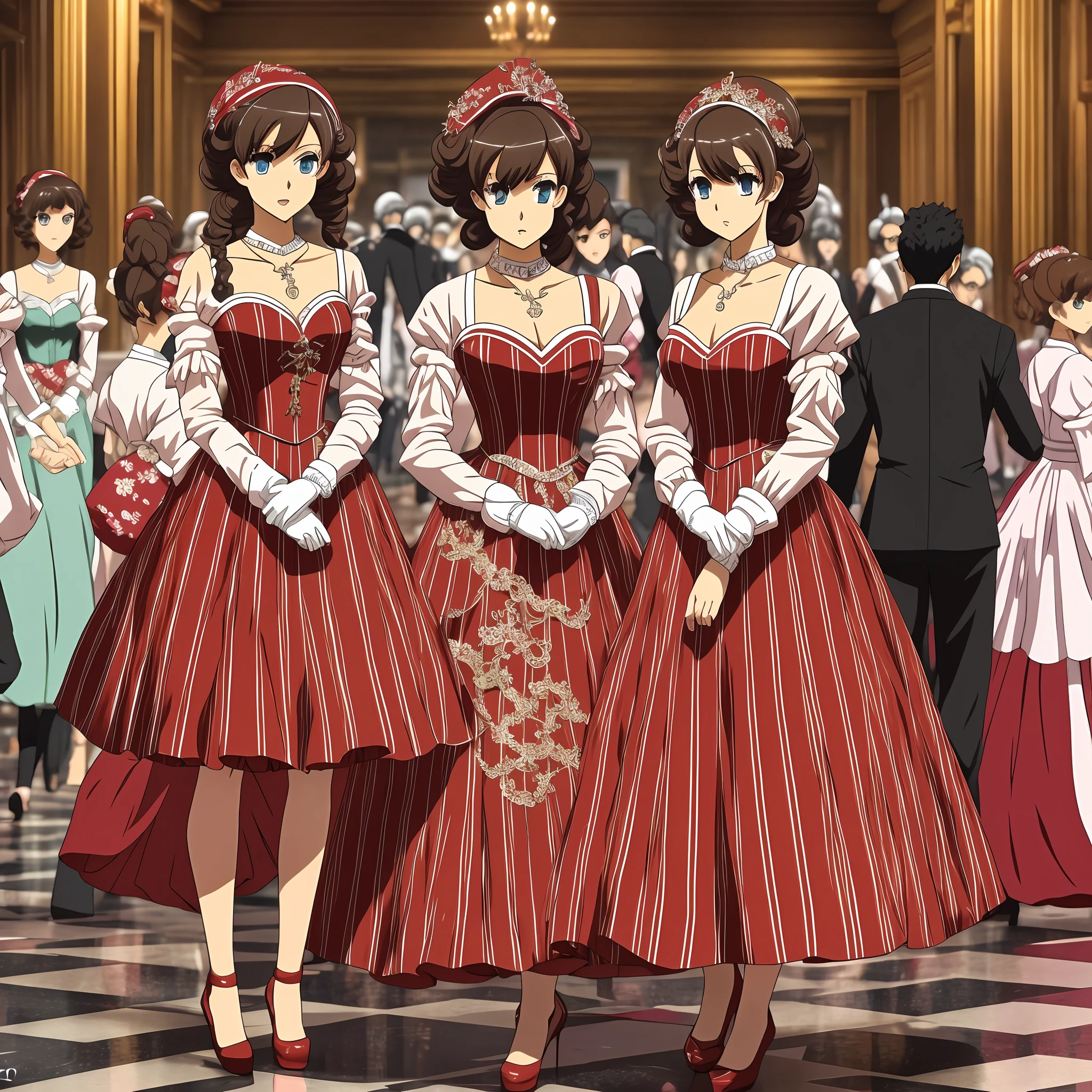 {{Mature female}}, {{{thousands of sisters, millions of sisters, billions of sisters}}}, {{{3girls, sisters, identical sisters, crowd, crowded, surrounded}}}, brown hair, wavy hair, matching hairstyle, brown eyes, red dress, matching dress, white elbow gloves, red high heels, matching outfit, full body, {{masterpiece}}, {{ballroom}}, high quality, {{extremely detailed anime screencap}}