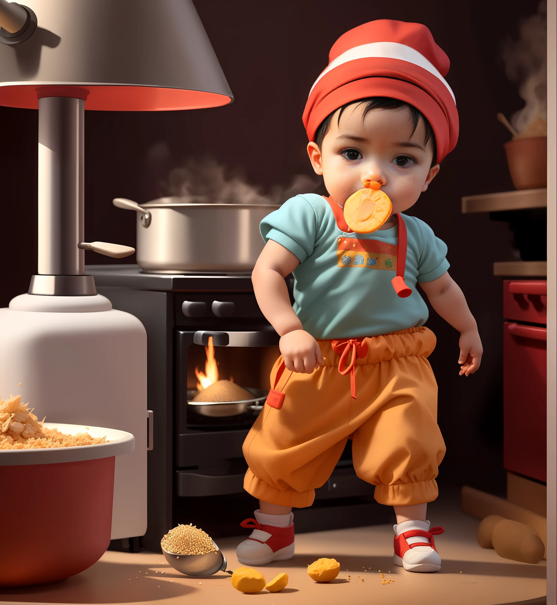 A cute  with pacifiers, strong muscles, red turbans on his head, standing in front of a roaring stove, pot spatula in his right hand, tossing a pot in his left hand, stir-frying diced chicken with spicy seeds