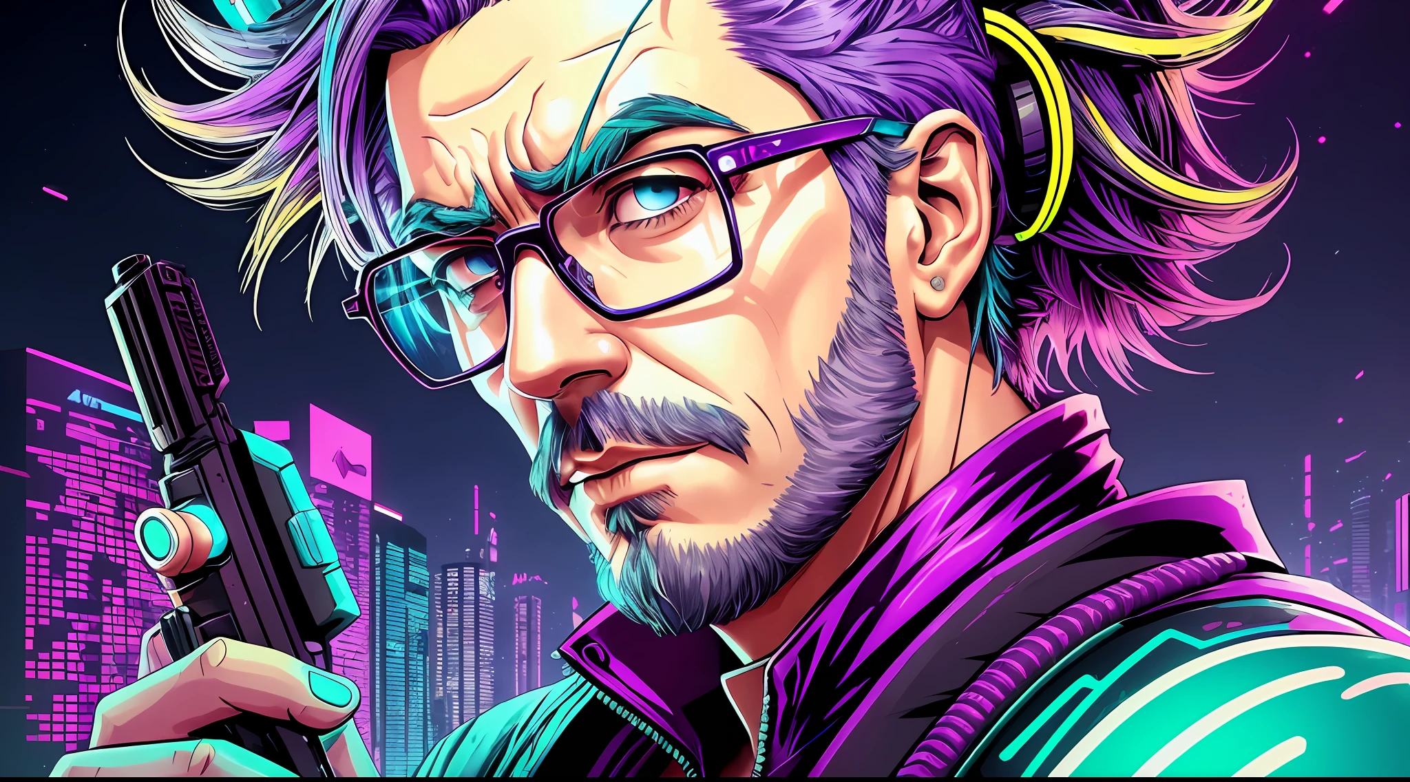 a close up of a person with a neon hair and glasses, cyberpunk art style, cyberpunk old man, portrait art of rick sanchez, cyberpunk artstyle, futuristic art style, 4k detailed digital art, portrait of rick sanchez, cyberpunk themed art, masterpiece epic retrowave art, cyberpunk illustration, 2 d digital vector art, 2d digital vector art, rick sanchez --auto --s2