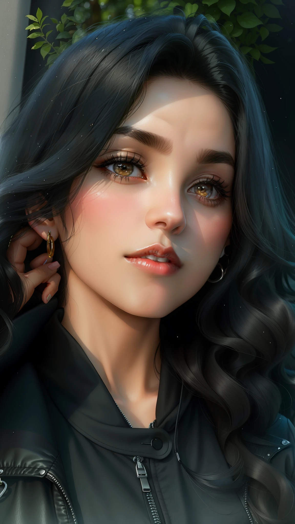 There is a woman with a black jacket and a cell phone, profile picture, with black hair, profile picture, selfie of a young woman, Alanis Guillen, with straight black hair, Faridah Malik, taken in early 2020, Nivanh Chanthara, 20-year-old woman,Anime