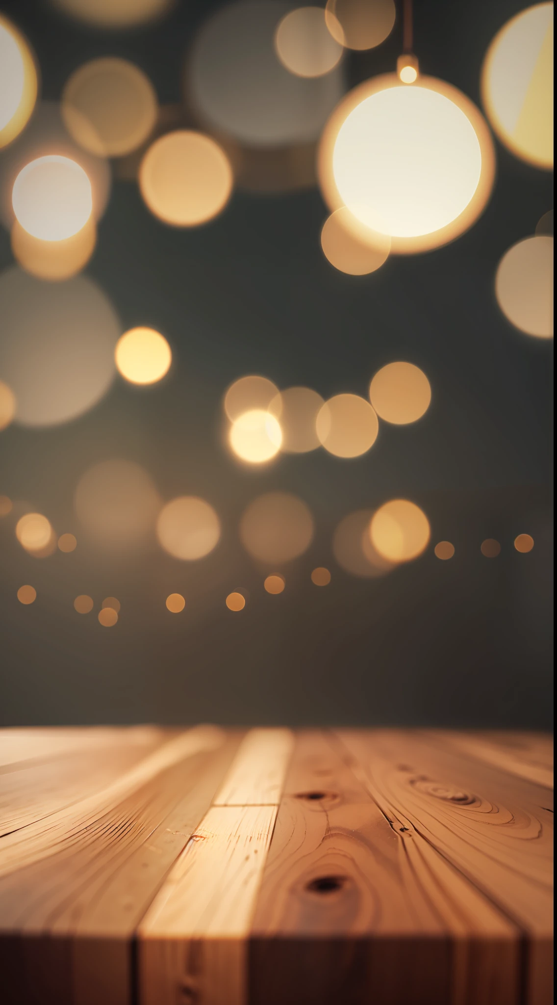 Empty wooden table top with bokeh lights on blurred