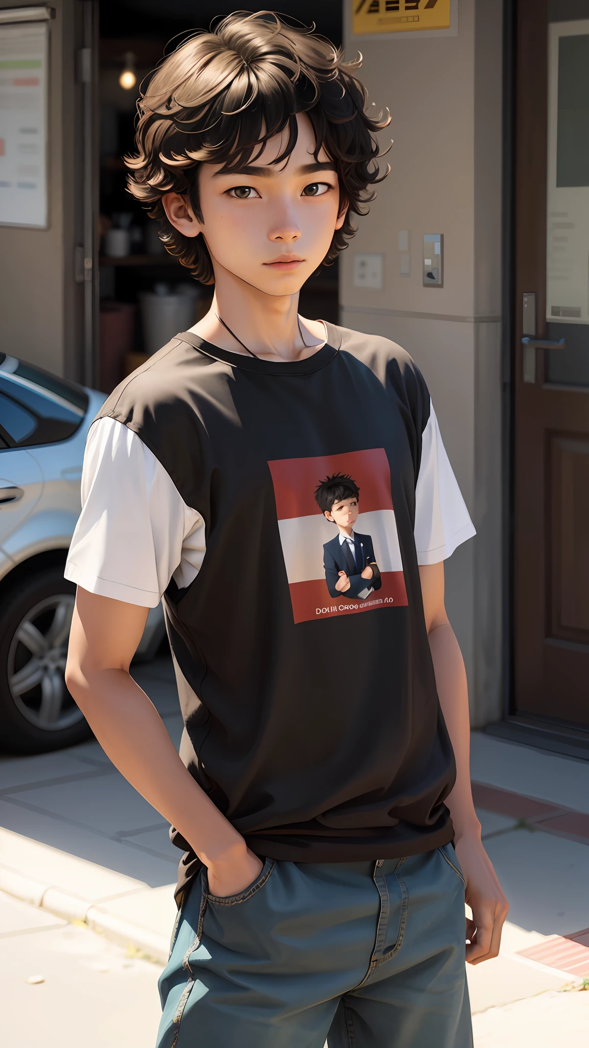 A 13-year-old male character with short wavy hair