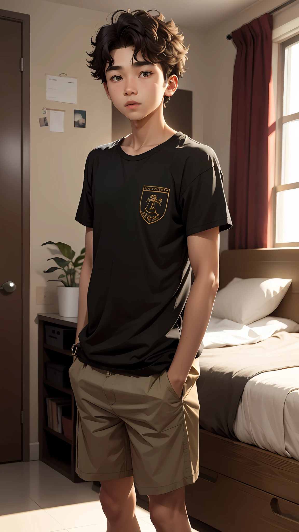 A 13-year-old male character with short wavy hair