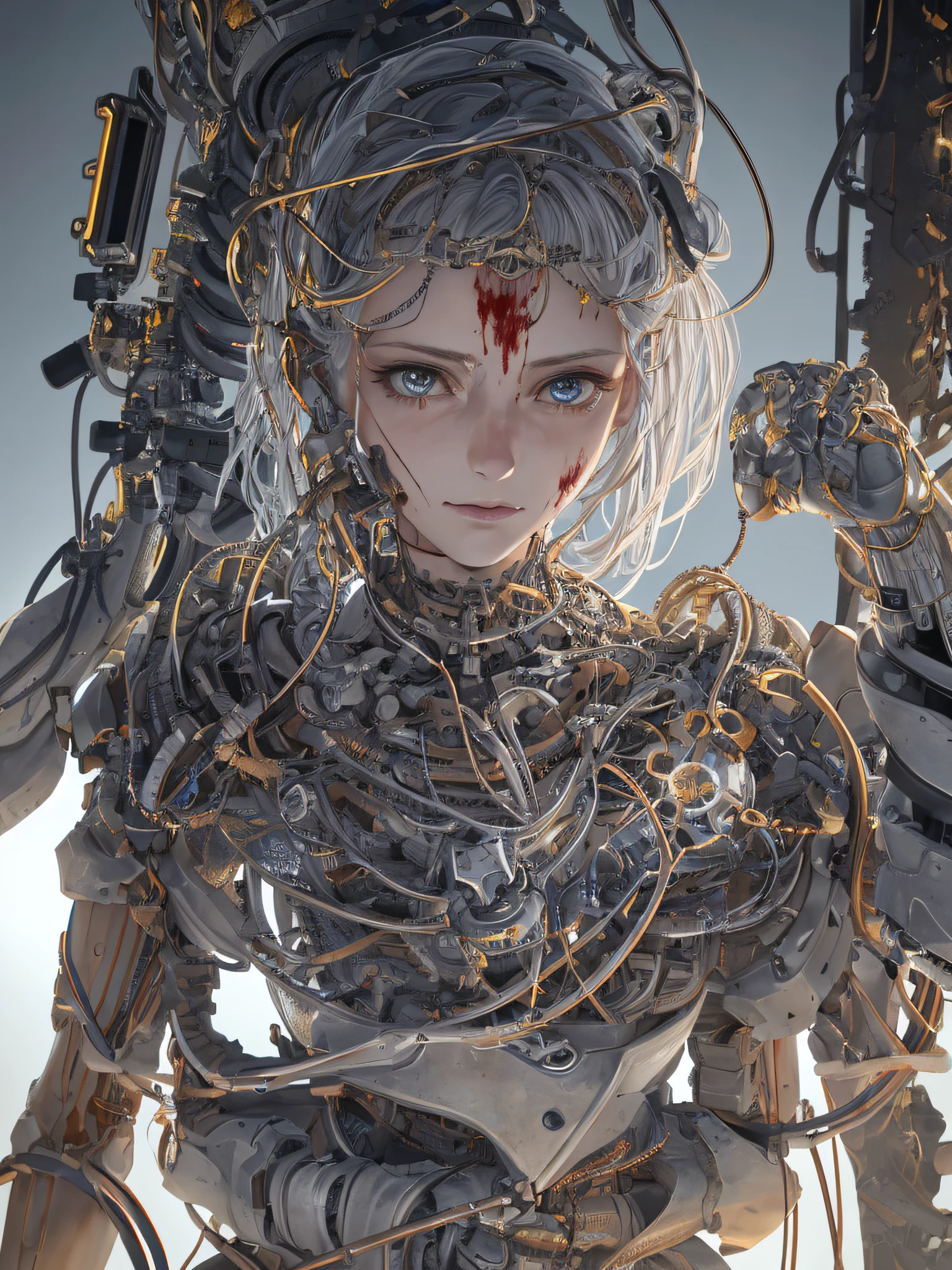 1mechanical girl,((ultra realistic details)), portrait, detailed face,global illumination, shadows, octane render, 8k, ultra sharp,metal,intricate, ornaments detailed, cold colors, egypician detail, highly intricate details, realistic light, trending on cgsociety, glowing eyes, facing camera, neon details, machanical limbs,blood vessels connected to tubes,mechanical cervial attaching to neck,wires and cables connecting to head,blood,killing machine
