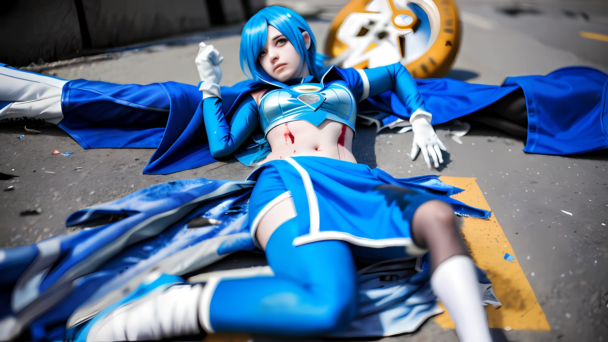 Blue hair girl, super hero cosplay, super hero suit, torn clothes, blood dripping, wounds, lying on the street floor, street, broken arm, dead super girl, white clothes super heroine wounded thrown in the street, very bruised, very bloody, defeated