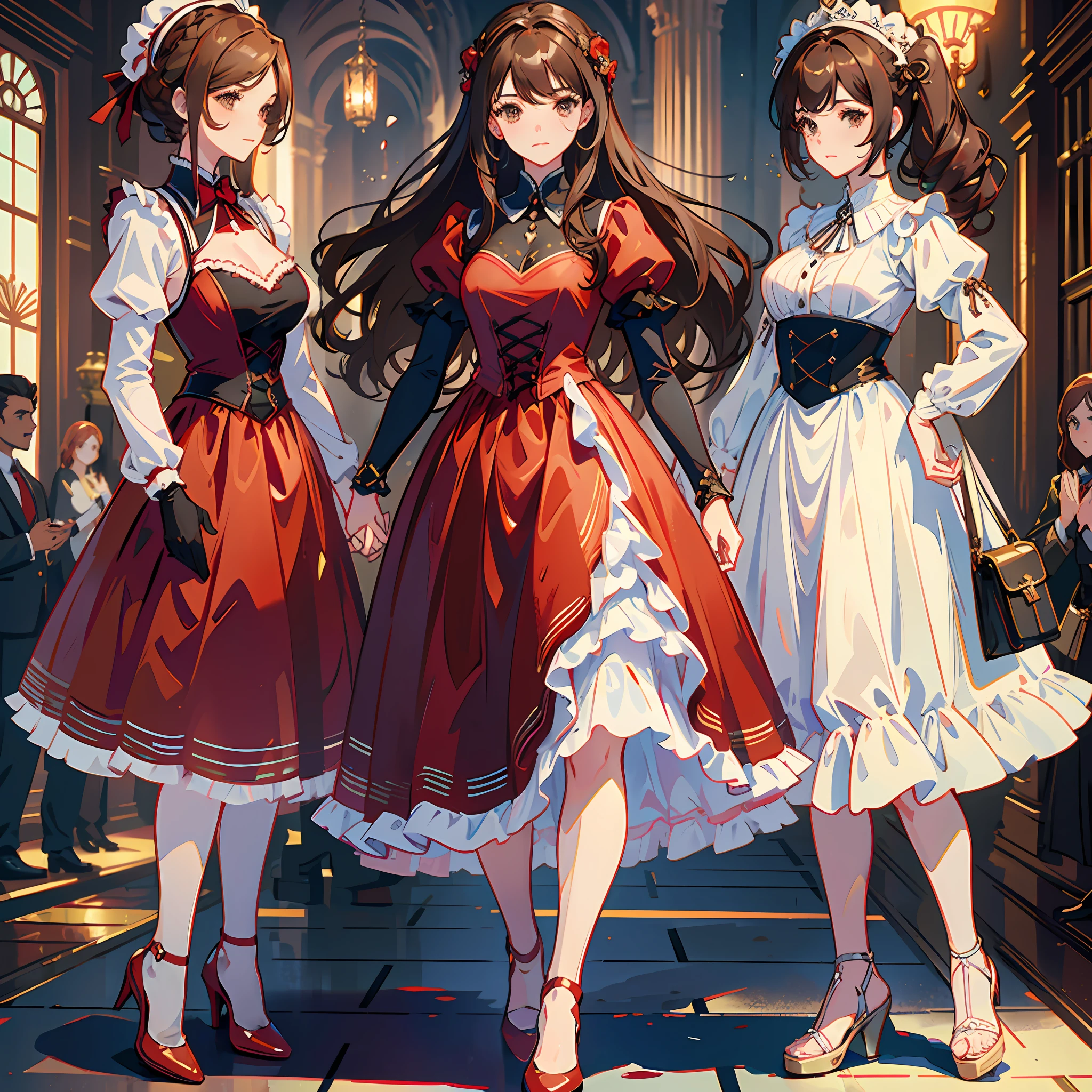 {{Mature female}}, {{{thousands of sisters, millions of sisters, billions of sisters}}}, {{{3girls, sisters, identical sisters, crowd, crowded, surrounded}}}, brown hair, wavy hair, matching hairstyle, brown eyes, red dress, matching dress, white elbow gloves, red high heels, matching outfit, full body, {{masterpiece}}, {{ballroom}}, high quality, {{extremely detailed anime screencap}}
