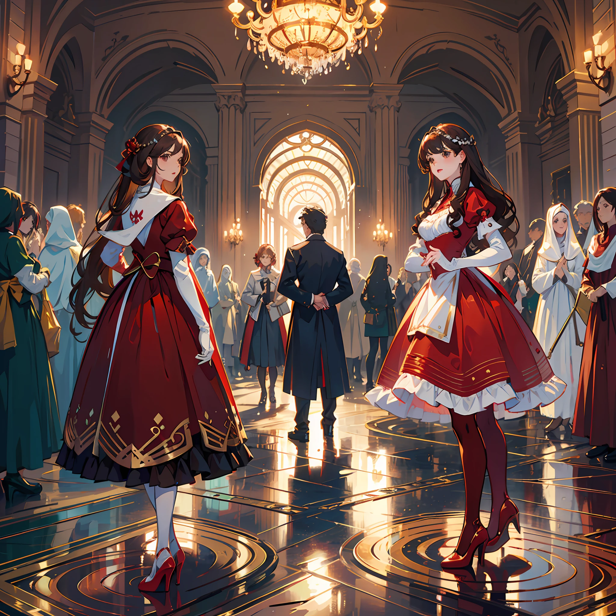 {{Mature female}}, {{{thousands of sisters, millions of sisters, billions of sisters}}}, {{{3girls, sisters, identical sisters, crowd, crowded, surrounded}}}, brown hair, wavy hair, matching hairstyle, brown eyes, red dress, matching dress, white elbow gloves, red high heels, matching outfit, full body, {{masterpiece}}, {{ballroom}}, high quality, {{extremely detailed anime screencap}}