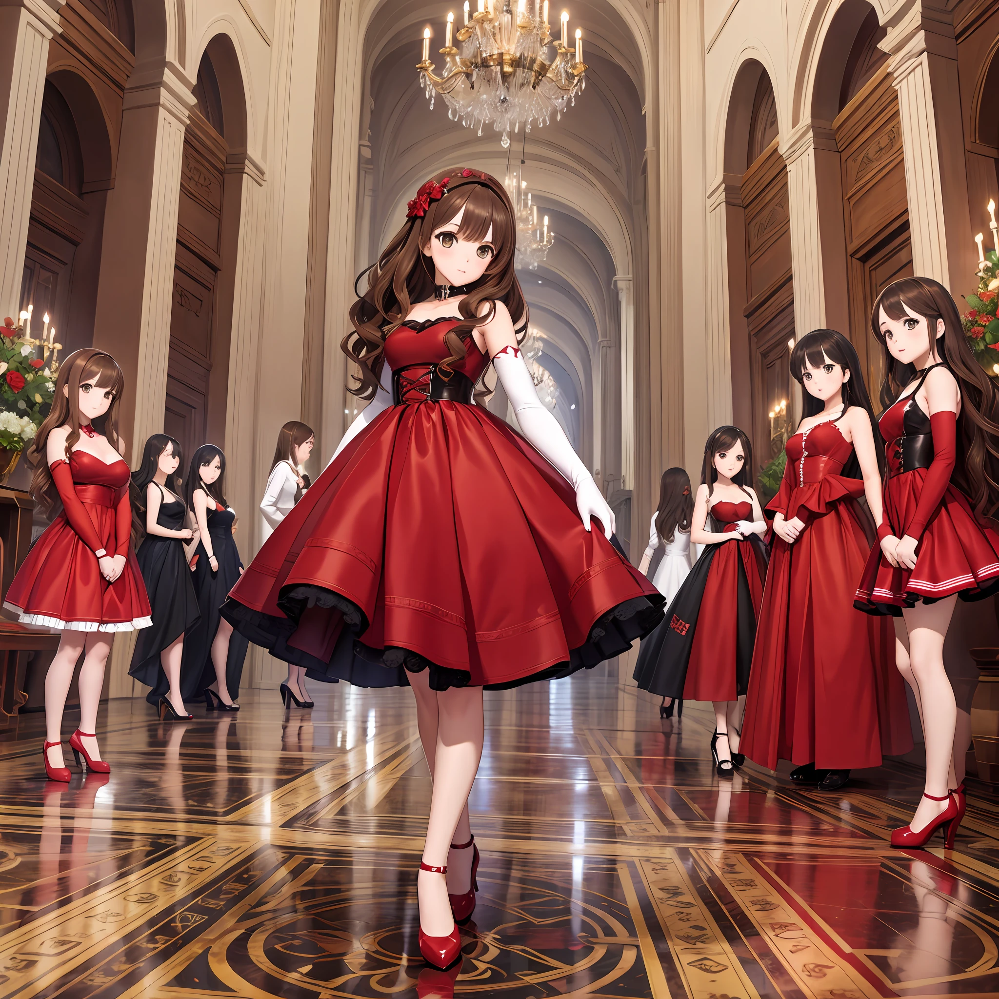 {{Mature female}}, {{{thousands of sisters, millions of sisters, billions of sisters}}}, {{{3girls, sisters, identical sisters, crowd, crowded, surrounded}}}, brown hair, wavy hair, matching hairstyle, brown eyes, red dress, matching dress, white elbow gloves, red high heels, matching outfit, full body, {{masterpiece}}, {{ballroom}}, high quality, {{extremely detailed anime screencap}}