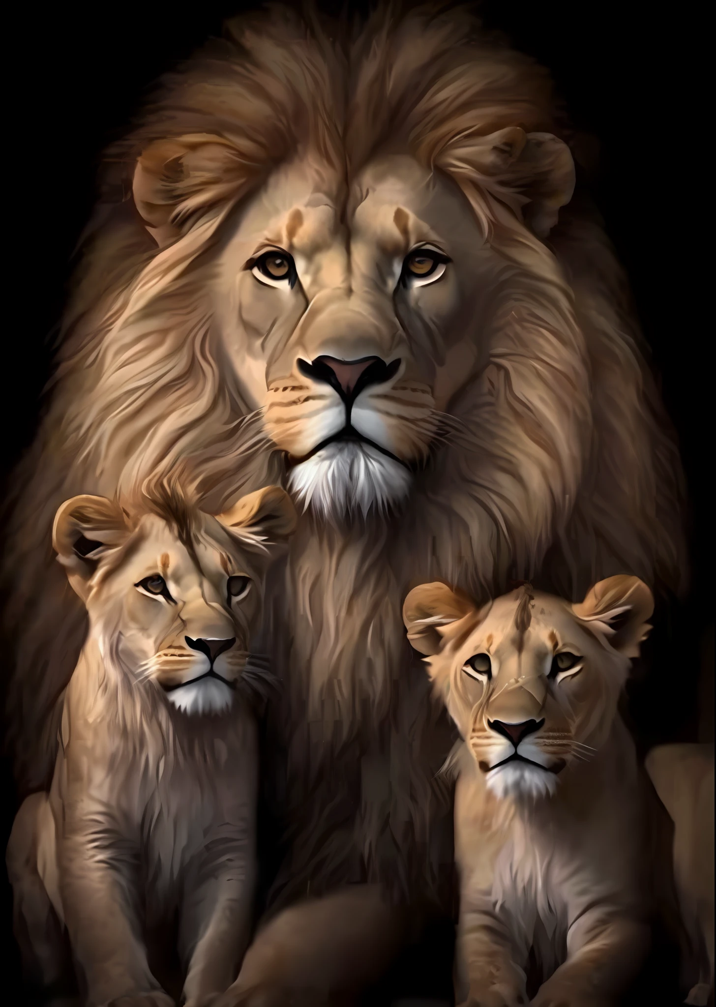 a painting of a lion and two cubs sitting together, family portrait, lions, by derek zabrocki, by László Balogh, majestic!!! beautiful!!!, by Howard Lyon, family photo, by Darek Zabrocki, very hyper realistic, by Bernard D’Andrea, by Jim Murray, by Jan Tengnagel, proud look