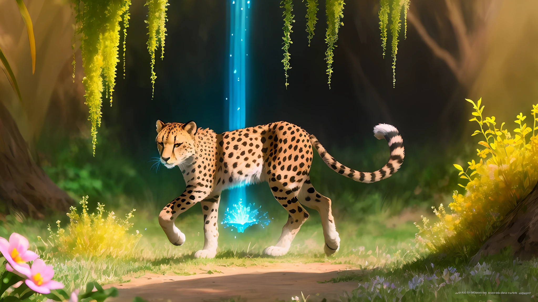 clear focus, front left paw is stretched forward, male cheetah, young cheetah, paws drawn completely, canon wildlife photography, wildlife. atmospheric, a lot of luminous crystals, huge multi-colored crystals on the background, unique natural beauty, beautiful light and shadow effects, soft gentle lighting, colorful world in the background, unusual plant decoration, fantastic rushing creatures, fragrance of flowers, bright colors at a cursory glance and intriguing details with careful consideration, the spirit of experiences from the movie "Avatar", masterpiece
