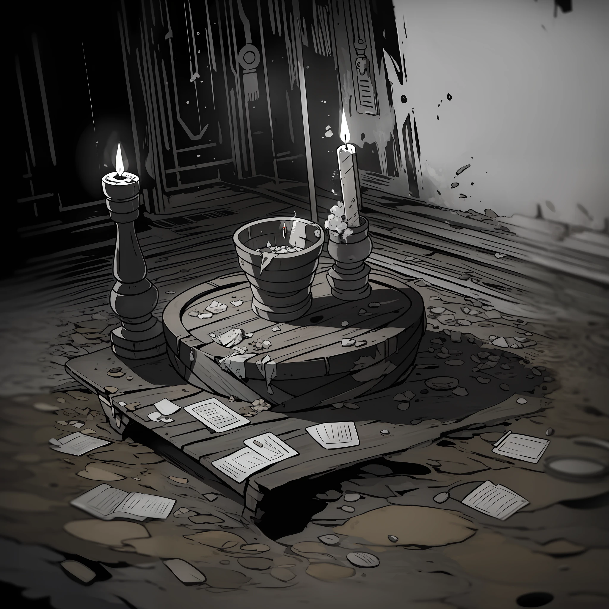 On the worn table, a thin layer of dust covers its aged wood surface. The rough and uneven texture reveals wear over the years. The table has marks of use, with small scratches and permanent stains that have withstood time.

In the center of the table, there is an extinguished candle, with the wax already hardened around the wick. Its color is a faded hue, indicating that it has already been lit and enjoyed at some time past. The now extinguished flame leaves a faint fragrance in the air, reminiscent of times of serenity.

Next to the candle is a folded newspaper, the pages yellowed and slightly crumpled. The printed date is difficult to read, suggesting that the paper has been there for some time. The headlines and stories are obscure, no doubt belonging to past events, losing their current relevance.

Next to the newspaper is a partially burned cigarette, still letting off a thin trail of smoke. Its tip is covered in ash, indicating that it was recently abandoned. The bitter odor of tobacco permeates the air, adding a nostalgic and worn-out atmosphere to the environment.

Finally, a cigarette butt rests on an ashtray, next to the used utensils. It is a small evidence of the habit of smoking, with its charred end and traces of ash scattered around. The ashtray is modest, but it evidences the frequent use that has already occurred there.

On the whole, the weathered table with its used utensils conveys a sense of abandonment and decay. The presence of the extinguished candle in the center, the old newspaper, the cigarette left aside and the discarded cigarette butt suggest that the space was once a place of contemplation and relaxation, but now remains forgotten, as an echo of the past.