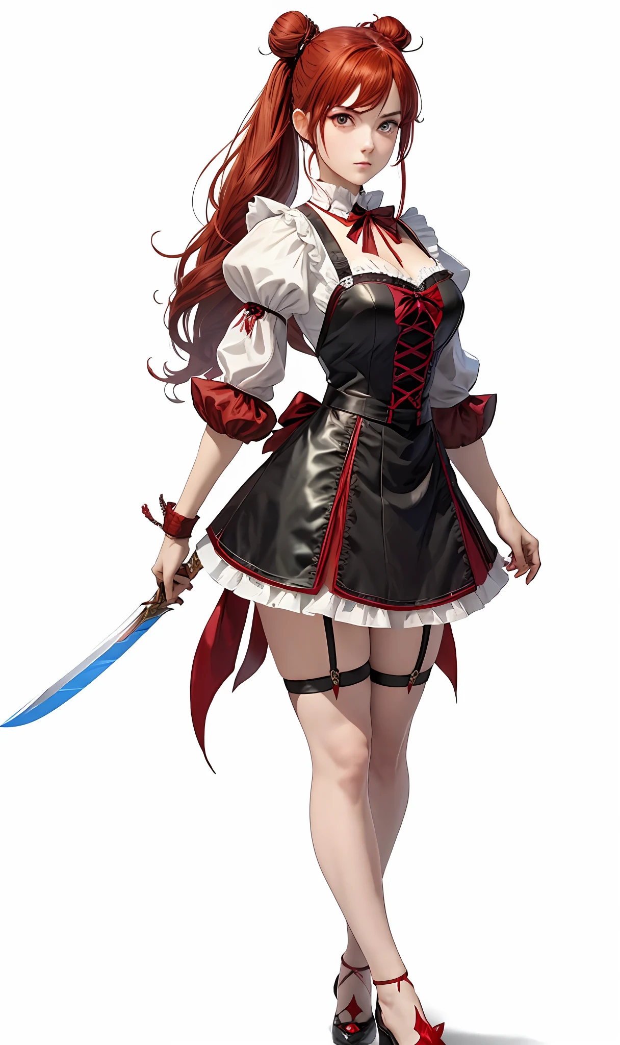 Amy is a character from the "Soulcalibur" fighting game franchise. She is a young woman with Amy has long, Red hair in two buns twisted like a hurricane on both sides down. Her hair is parted in the middle and frames her face in soft waves. She has side-swept bangs that cover part of her forehead, adding to her cute and innocent appearance. and bright red eyes. She often wears a traditional red and black French maid's outfit, with a white blouse and a red and black skirt. Her outfit is decorated with ruffles and lace, giving her a cute feminine look, Amy wielded a heavy double-edged sword. ((Background battlefield))