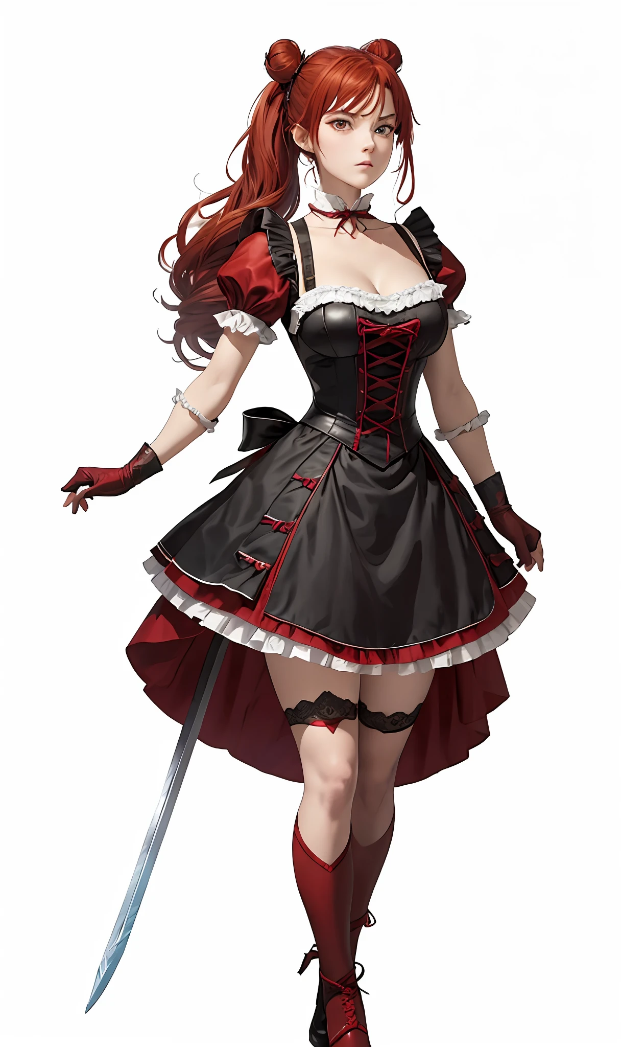 Amy is a character from the "Soulcalibur" fighting game franchise.  She is a young woman with Amy has long, Red hair in two buns twisted like a hurricane on both sides down. Her hair is parted in the middle and frames her face in soft waves. She has side-swept bangs that cover part of her forehead, adding to her cute and innocent appearance.  and bright red eyes.  She often wears a traditional red and black French maid's outfit, with a white blouse and a red and black skirt.  Her outfit is decorated with ruffles and lace, giving her a cute feminine look, Amy wielded a heavy double-edged sword. ((Background battlefield))